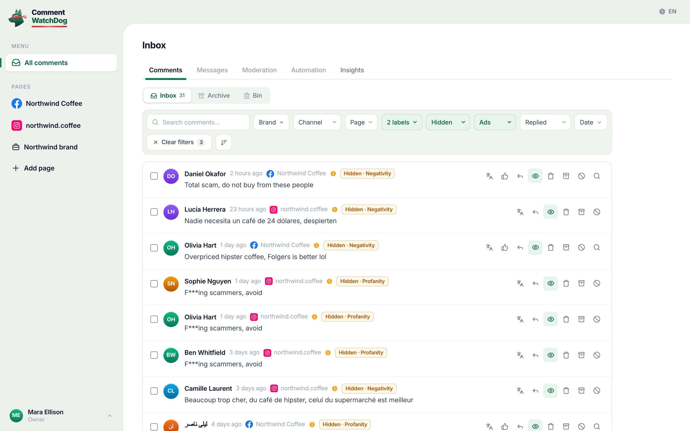 The inbox filtered to hidden ad comments labelled Negativity or Profanity, with Clear filters 3.
