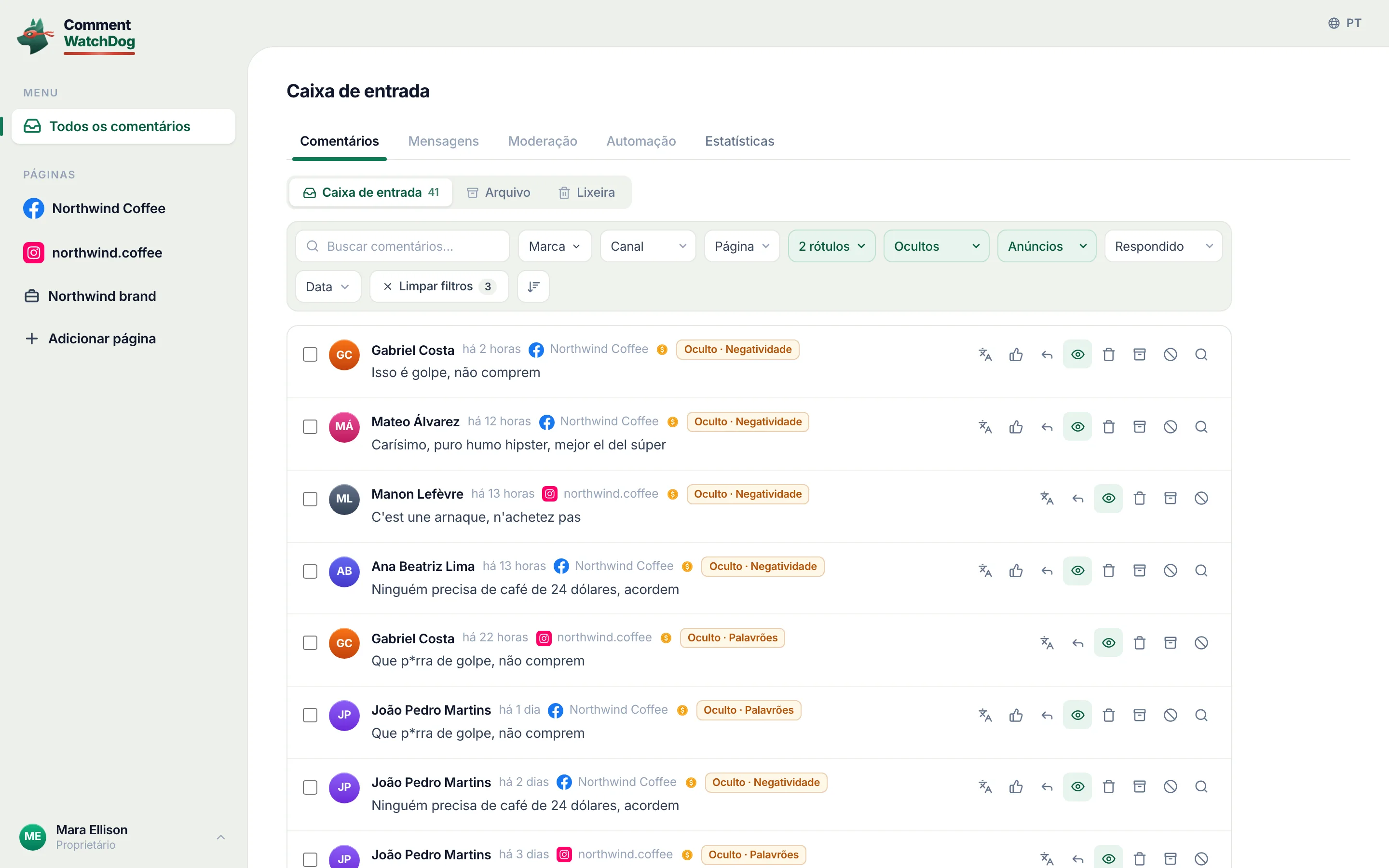 A caixa de entrada filtrada para comentários de anúncios ocultos com os rótulos Negatividade ou Palavrões, com o Clear filters 3.