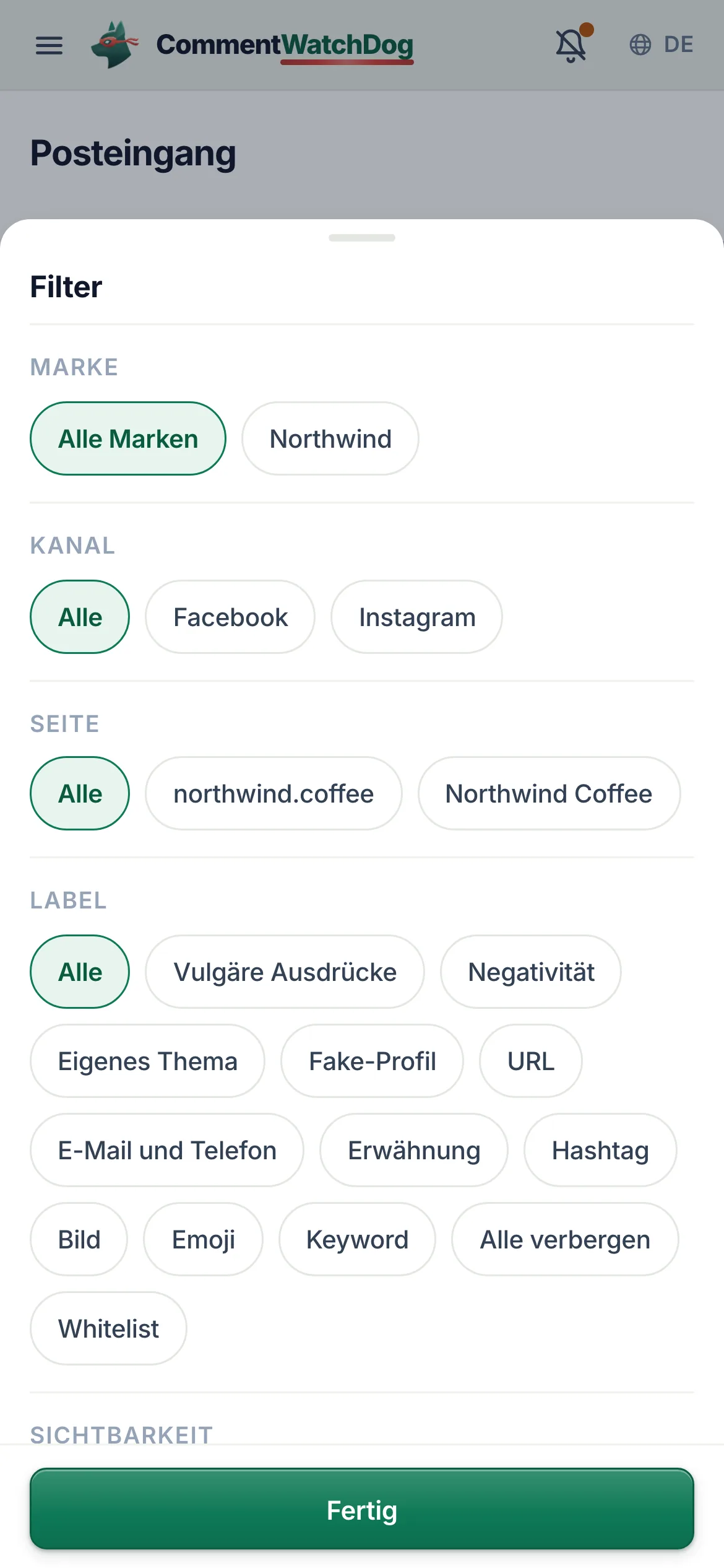 Das Filter-Panel auf dem Handy.