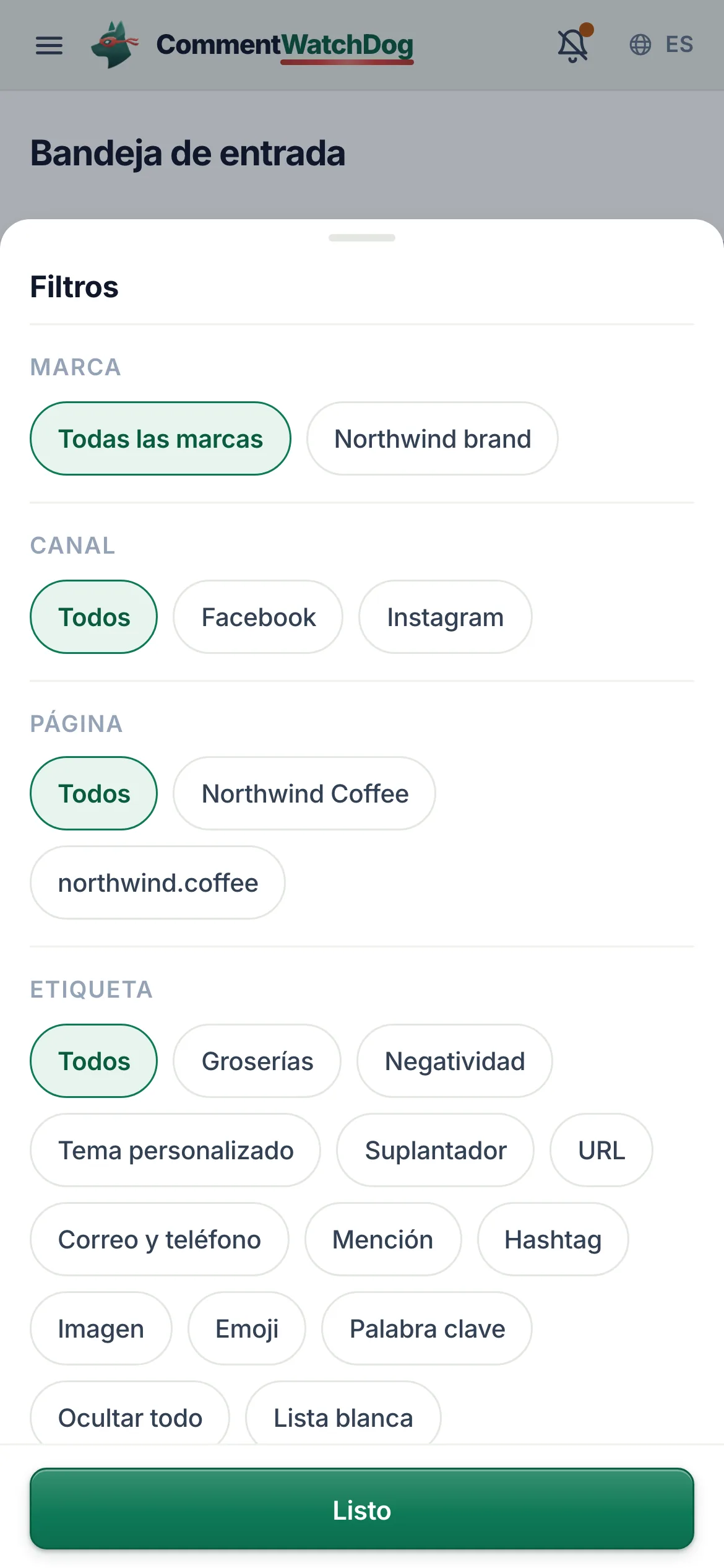 La hoja de filtros del teléfono.