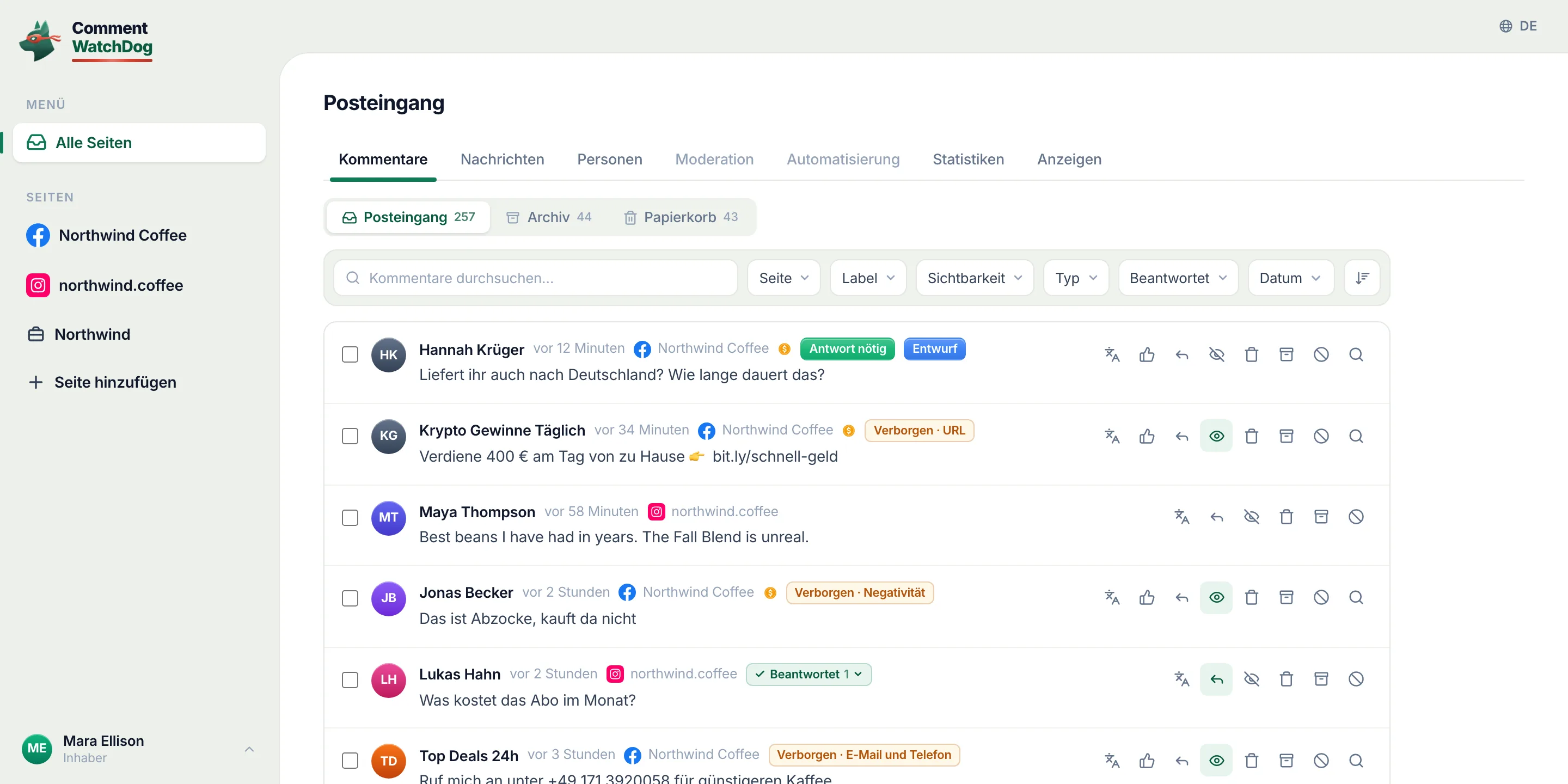 Der Posteingang von CommentWatchDog: eine Frage, die mit einem Entwurf wartet, ein verborgener Spam-Link, ein Lob, verborgene Negativität, eine beantwortete Frage, verborgene Kontaktdaten, alle Seiten in einer Liste.