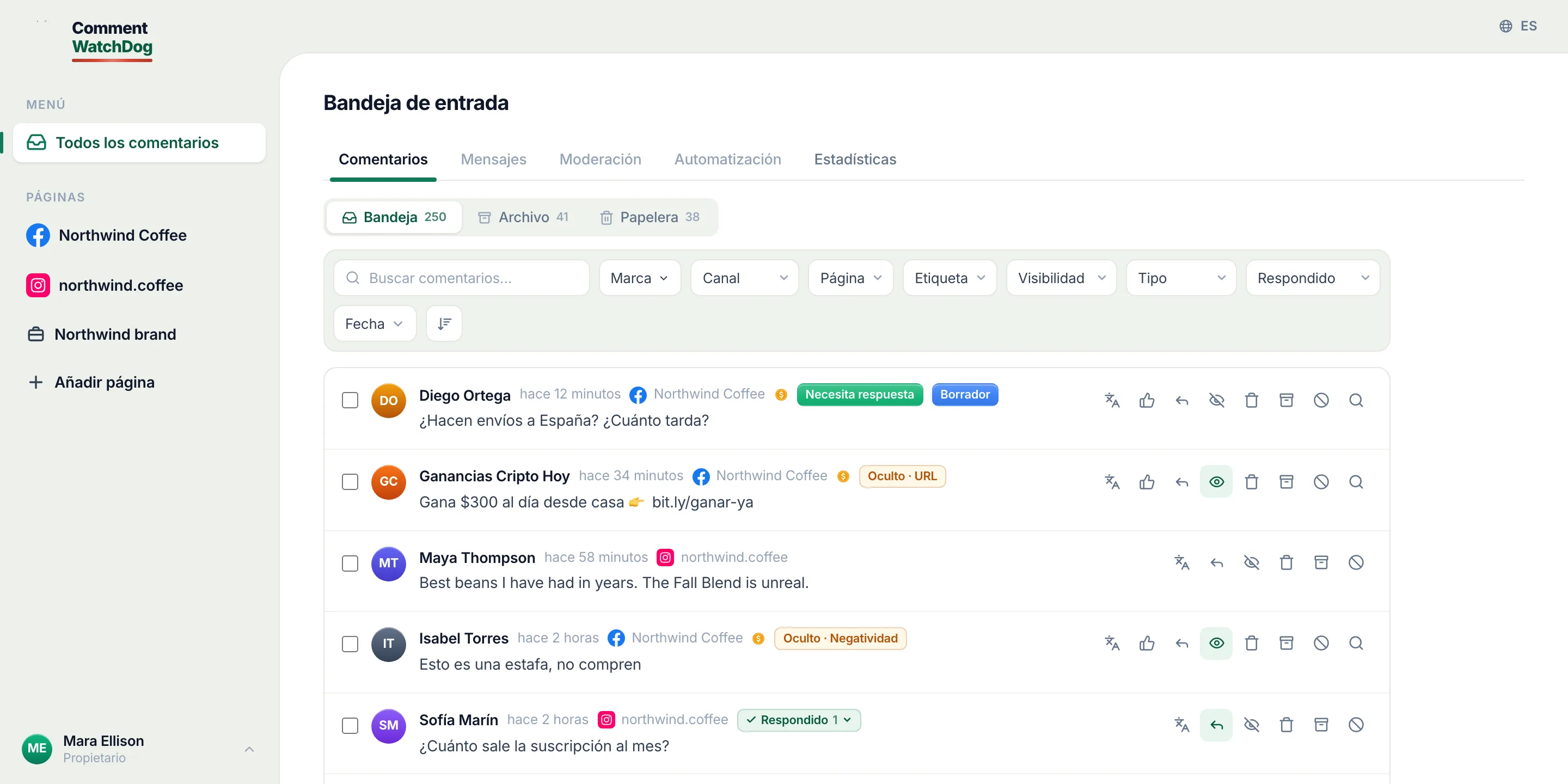 La bandeja de CommentWatchDog: una pregunta pendiente con borrador, un enlace de spam oculto, un elogio, negatividad oculta, una pregunta respondida, datos de contacto ocultos, todas las páginas en una lista.