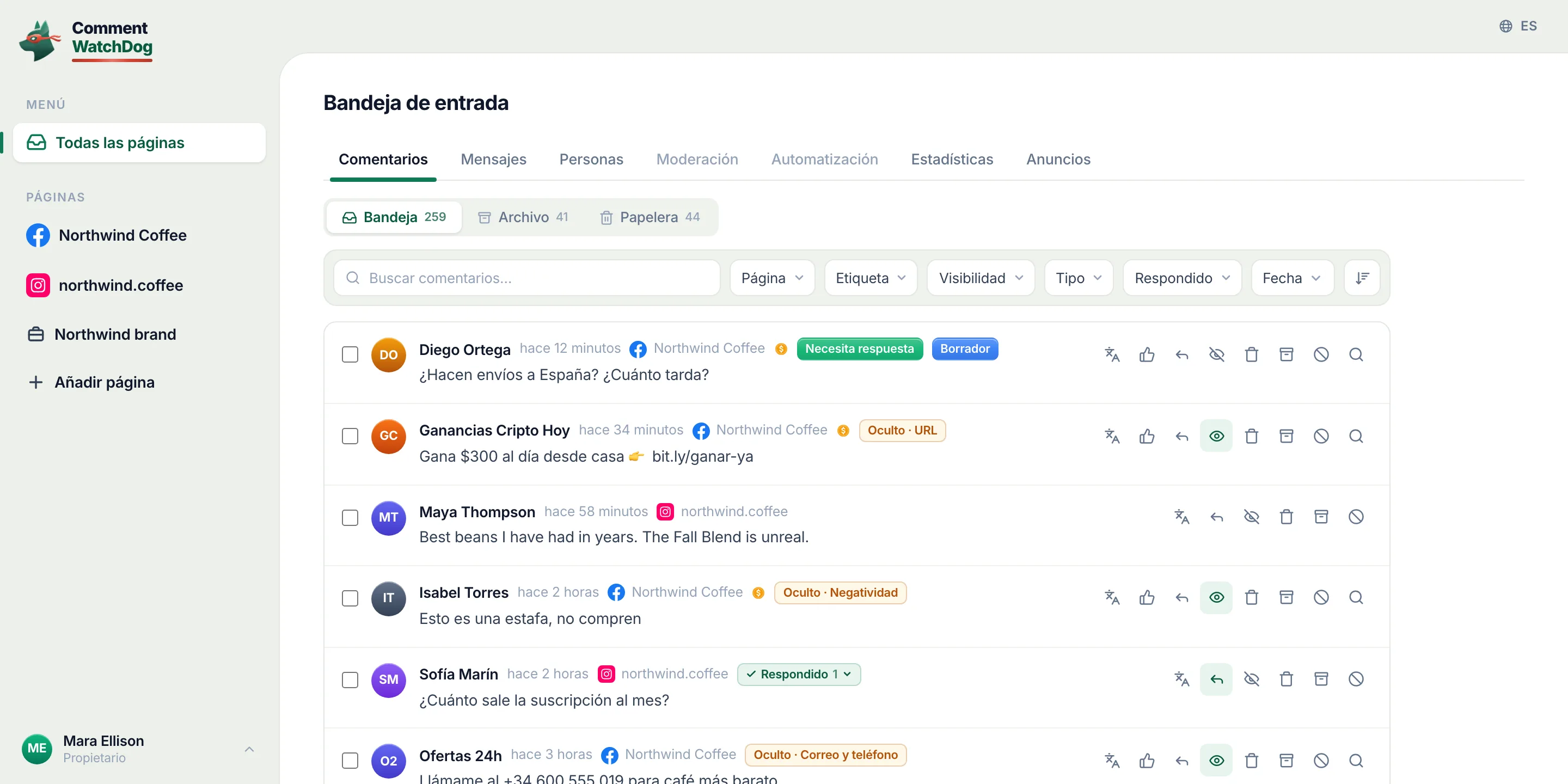 La bandeja de CommentWatchDog: una pregunta pendiente con borrador, un enlace de spam oculto, un elogio, negatividad oculta, una pregunta respondida, datos de contacto ocultos, todas las páginas en una lista.