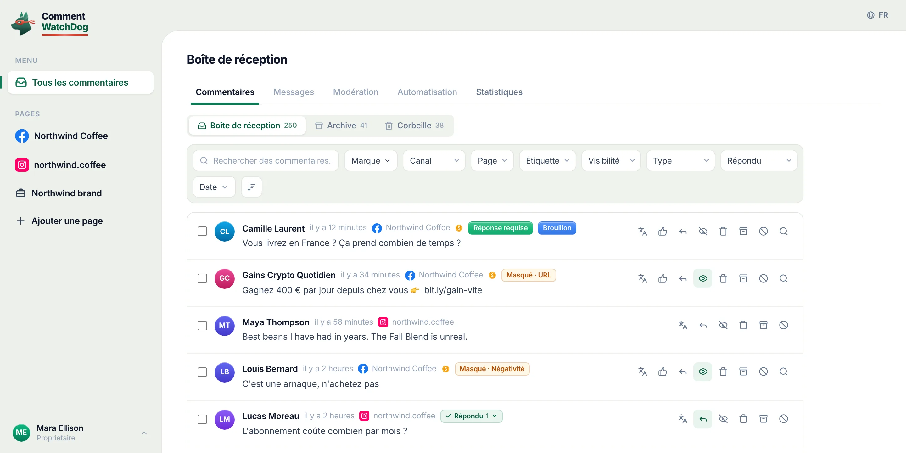 La boîte de réception CommentWatchDog : une question en attente avec un brouillon, un lien spam masqué, un compliment, de la négativité masquée, une question résolue, des coordonnées masquées, toutes les pages dans une liste.