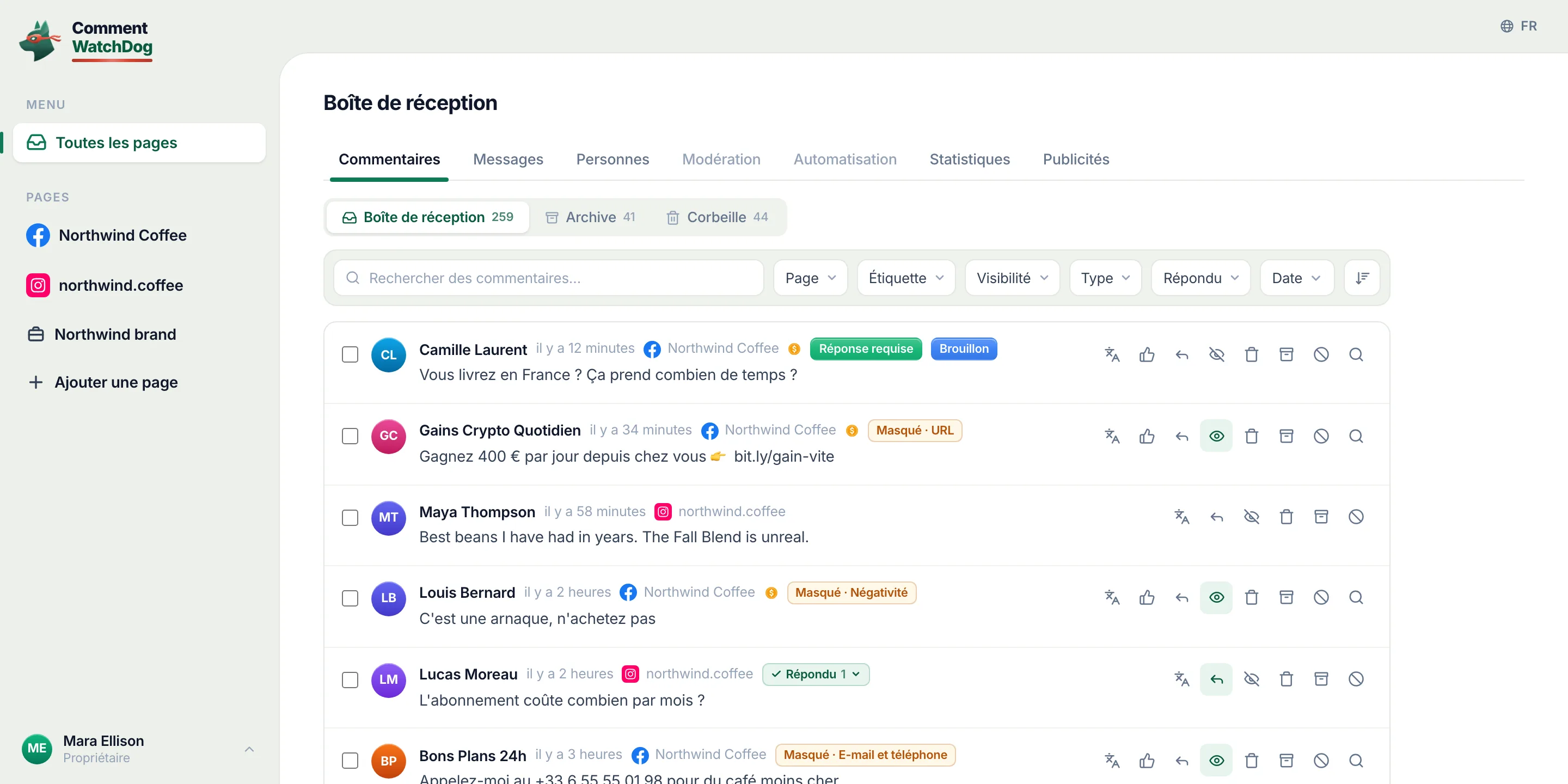La boîte de réception CommentWatchDog : une question en attente avec un brouillon, un lien spam masqué, un compliment, de la négativité masquée, une question résolue, des coordonnées masquées, toutes les pages dans une liste.