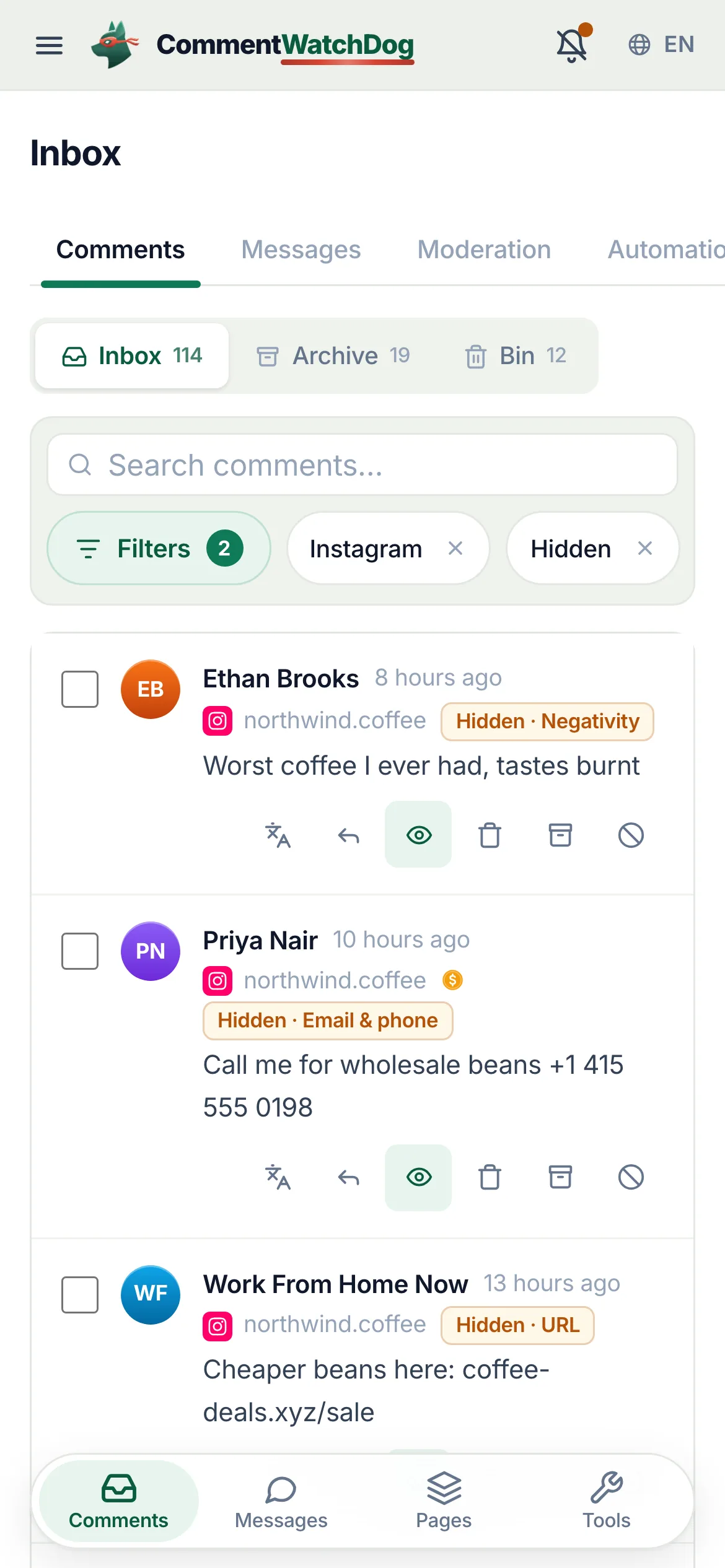 The inbox filtered to comments hidden on the Instagram account, each row naming the rule that hid it.
