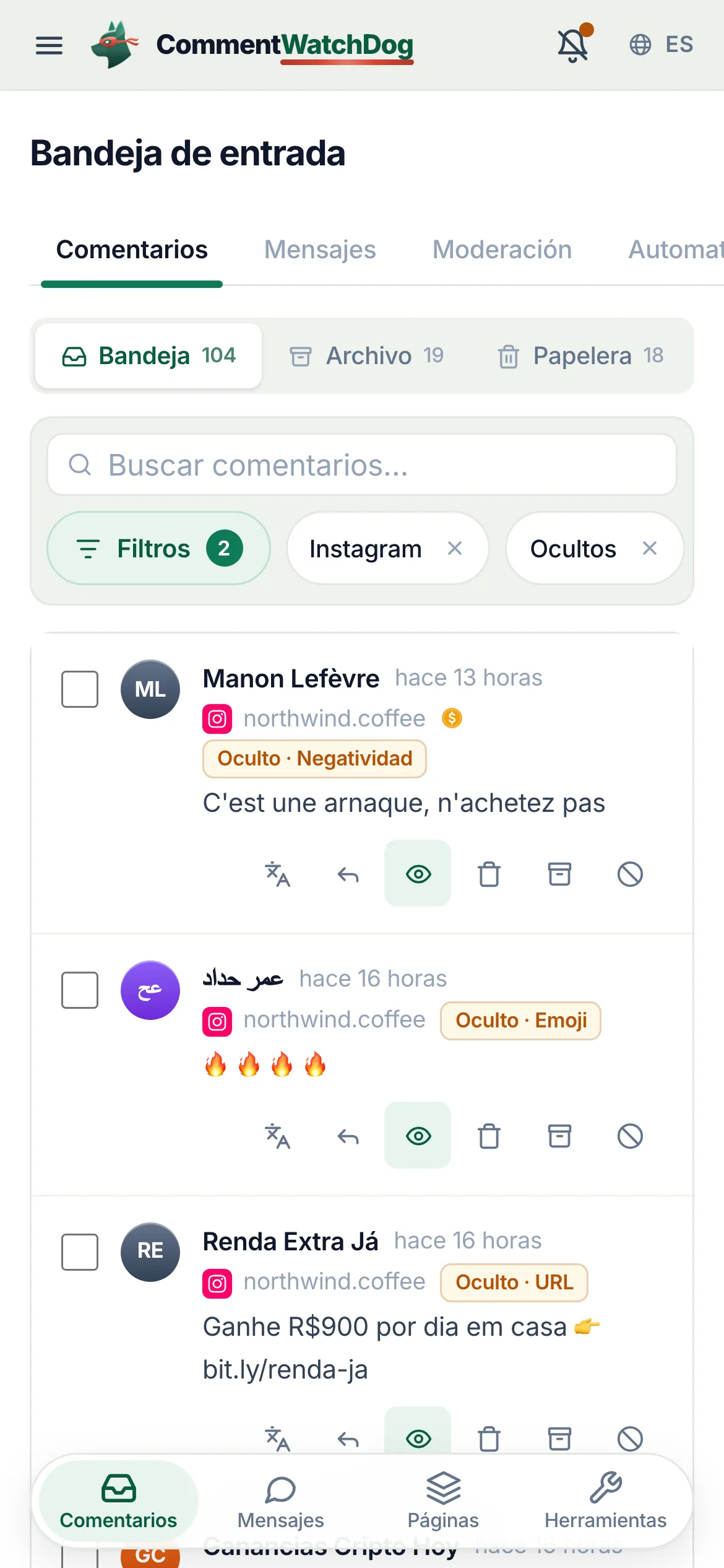 La bandeja filtrada por comentarios ocultos en la cuenta de Instagram, con cada fila indicando la regla que lo ocultó.