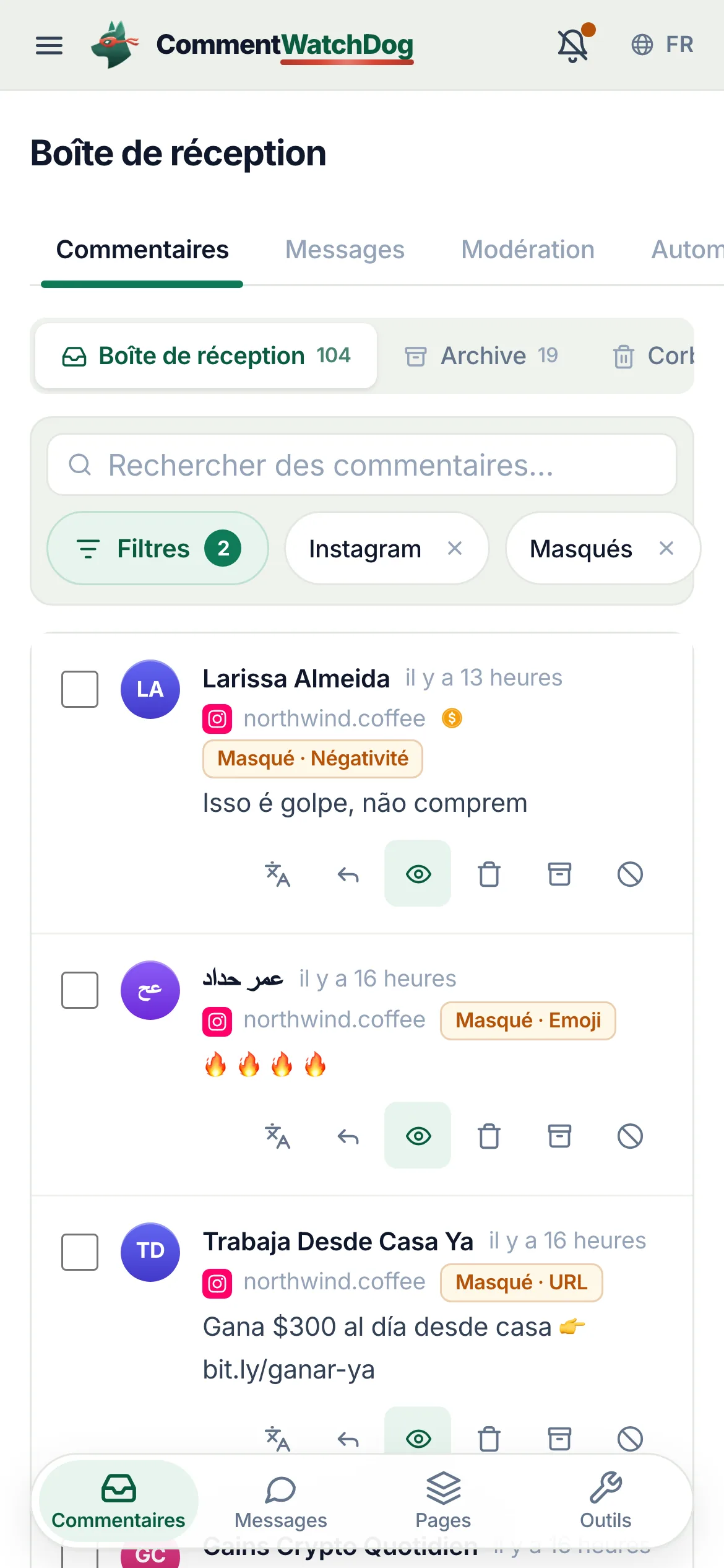 La boîte de réception filtrée sur les commentaires masqués sur le compte Instagram, chaque ligne nommant la règle qui l'a masqué.