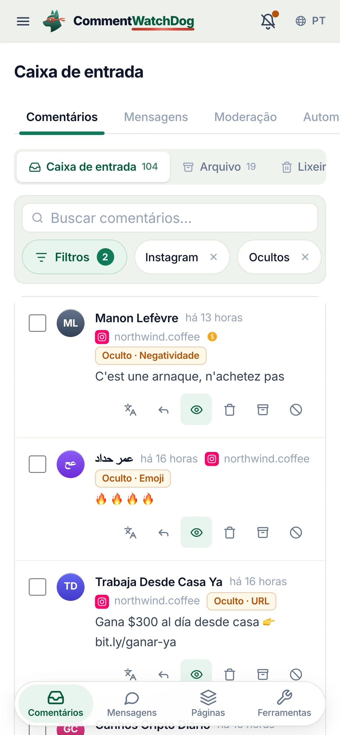 A caixa de entrada filtrada para comentários ocultos na conta do Instagram, com cada linha indicando a regra que o ocultou.