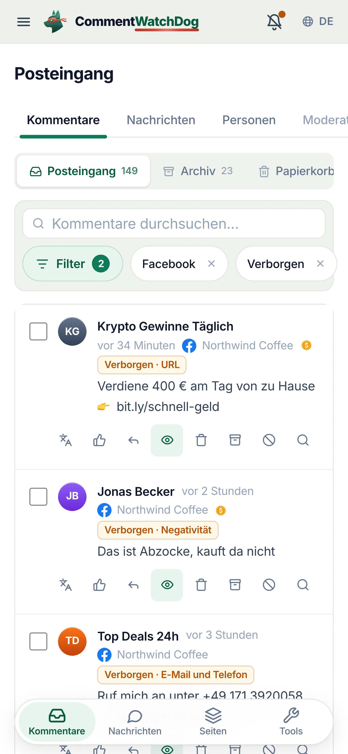 Der Posteingang auf dem Handy, gefiltert nach verborgenen Kommentaren.