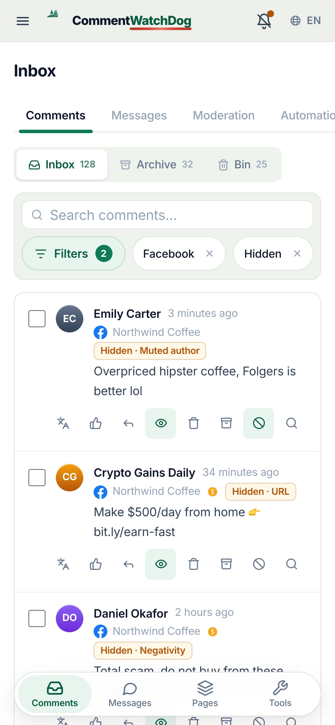 The inbox filtered to comments hidden on the Facebook Page, each row naming the rule that hid it.