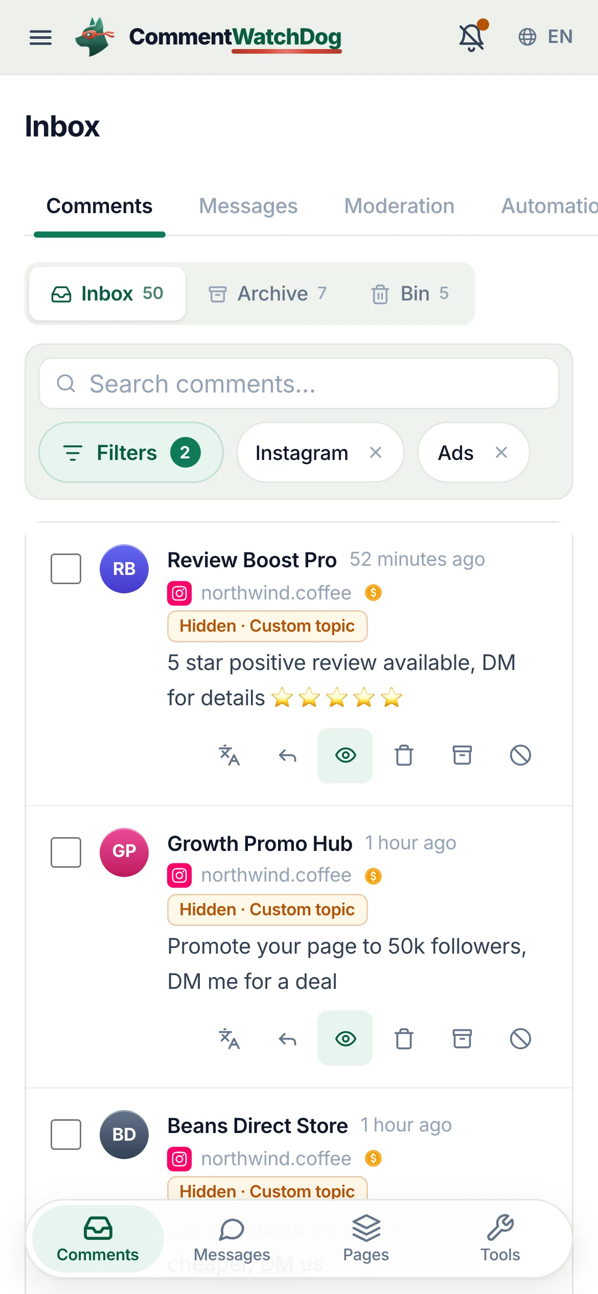 The CommentWatchDog inbox on the Instagram account, filtered to comments on ads: hidden chips name their rule, two real questions wait for a reply.