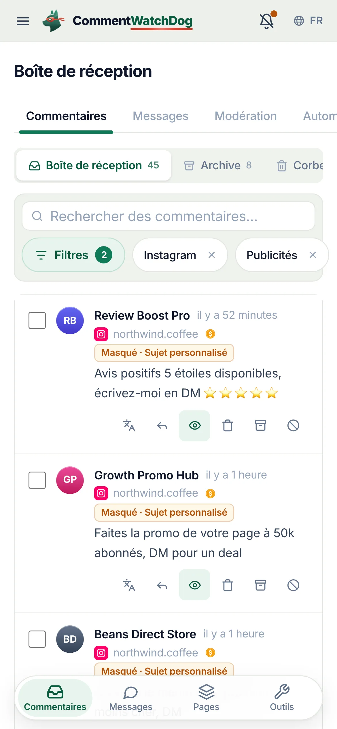 La boîte de réception sur téléphone filtrée sur les commentaires de publicités Instagram.
