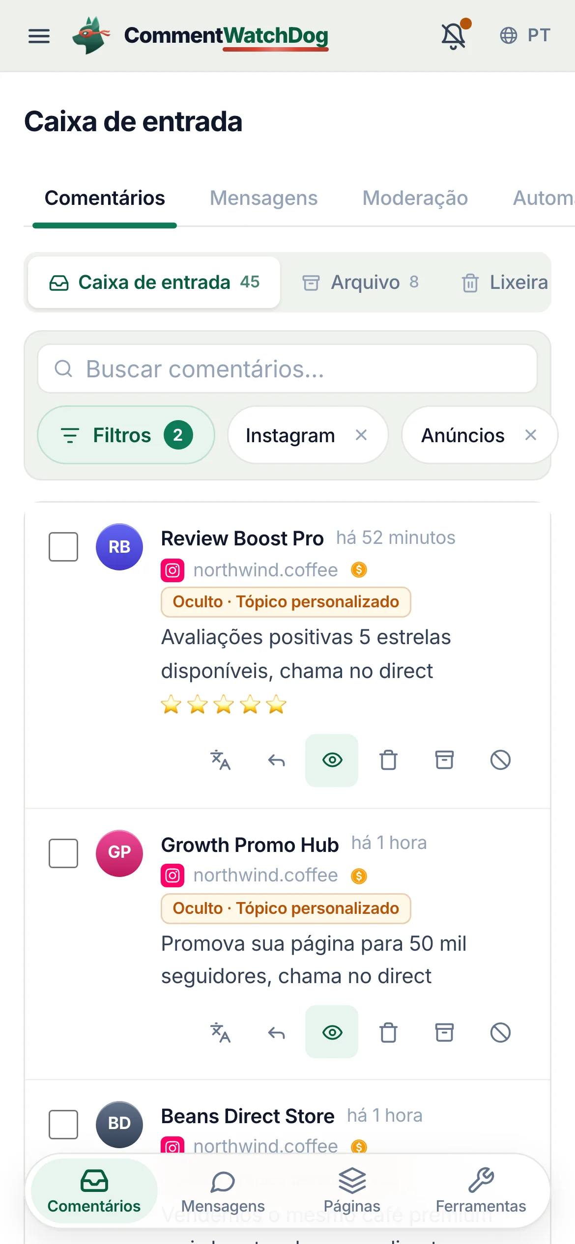 A caixa de entrada do celular filtrada para comentários de anúncios do Instagram.