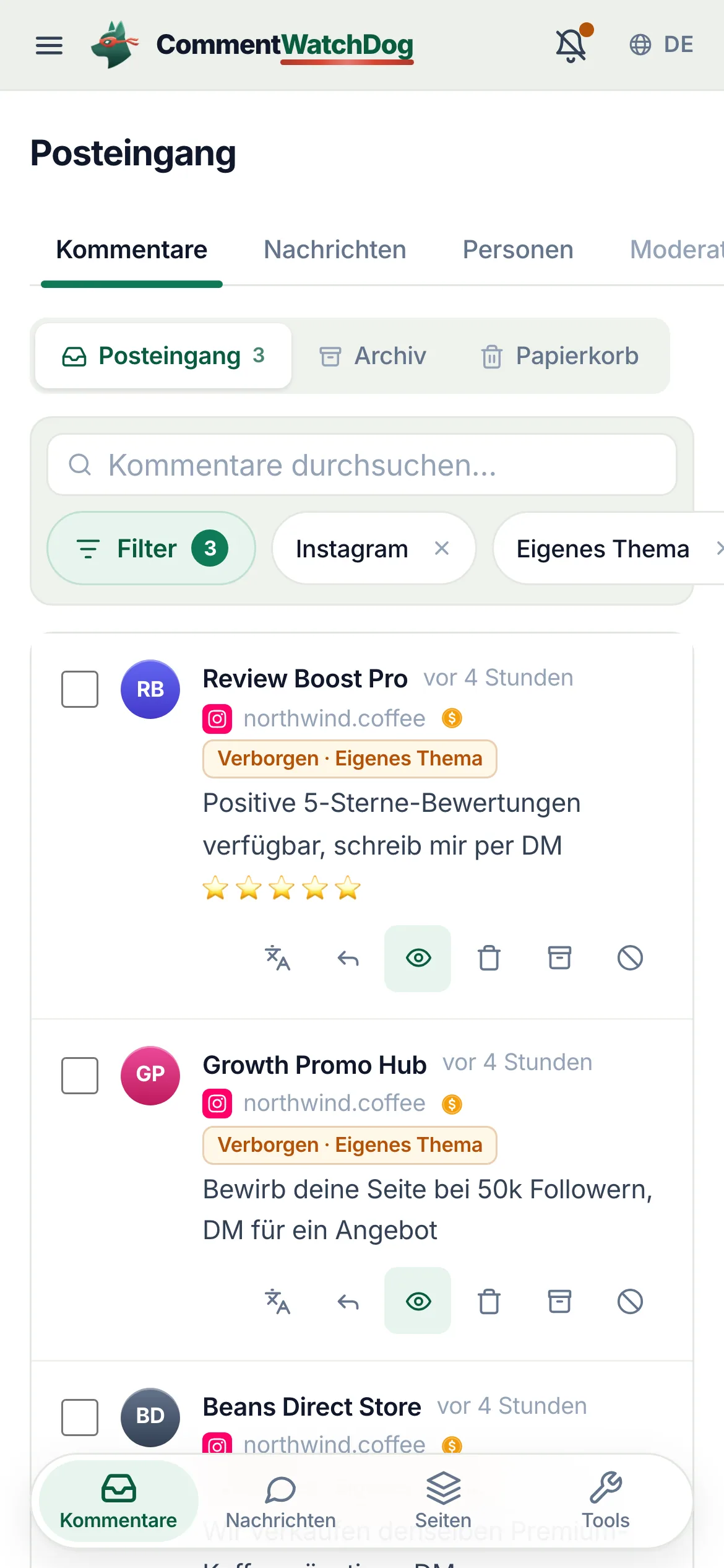 Drei Angebote unter einer Instagram-Anzeige, für Bewertungen, Promotion und günstigere Bohnen, jedes von der Regel „Eigene Themen“ verborgen, der Chip in der ersten Zeile markiert.