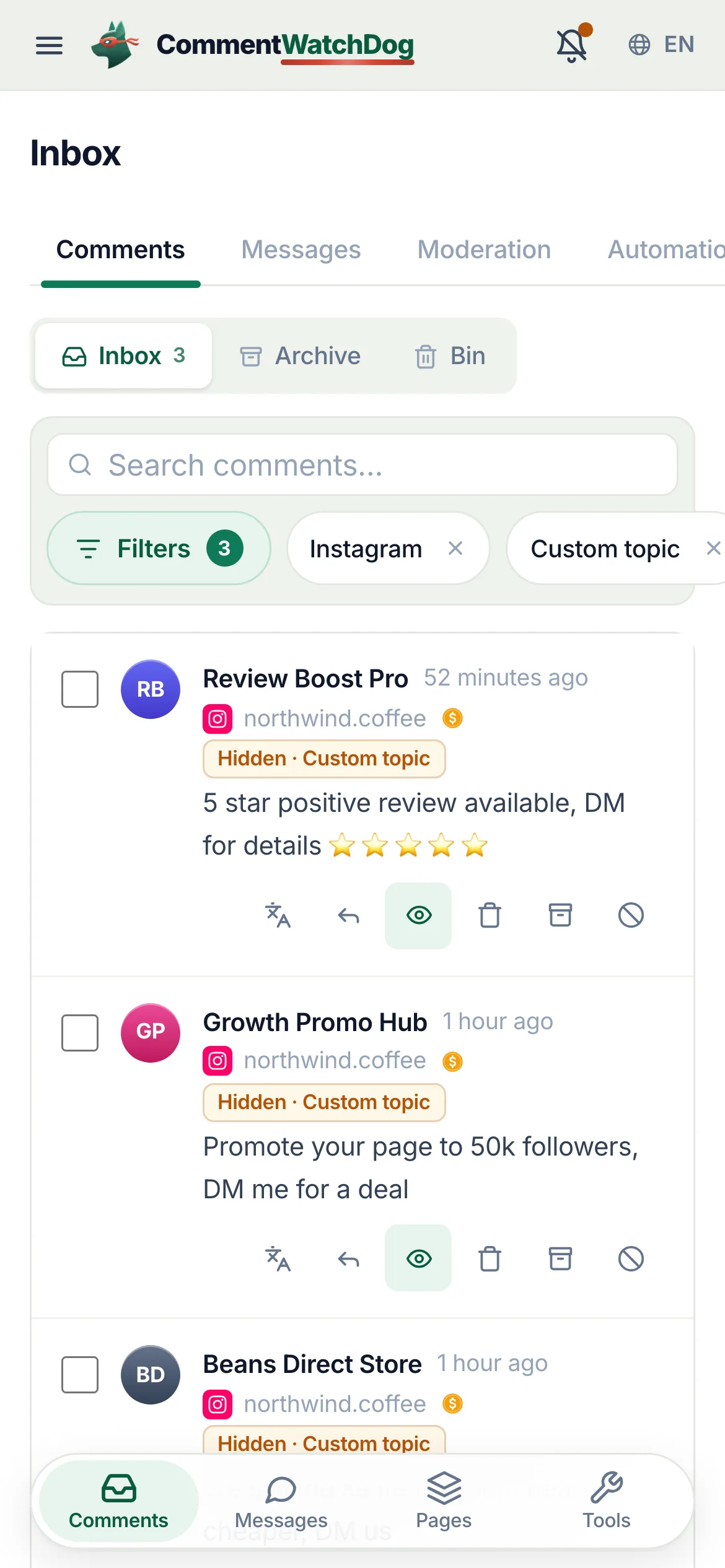 The inbox on September 17, 2026, filtered to one Instagram account and hidden comments: three shops pitching reviews, promotion and cheaper beans under one ad, shapes five and six, each hidden by the Custom topics rule, the chip ringed on the first row.