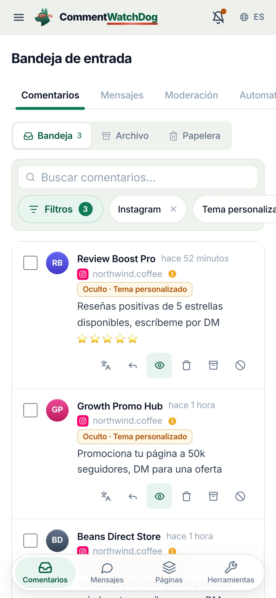 La bandeja de entrada el 17 de septiembre de 2026, filtrada por una cuenta de Instagram y comentarios ocultos: tres tiendas ofreciendo reseñas, promoción y granos más baratos bajo un anuncio, formas cinco y seis, cada una oculta por la regla de Temas personalizados, la ficha rodeada en la primera fila.