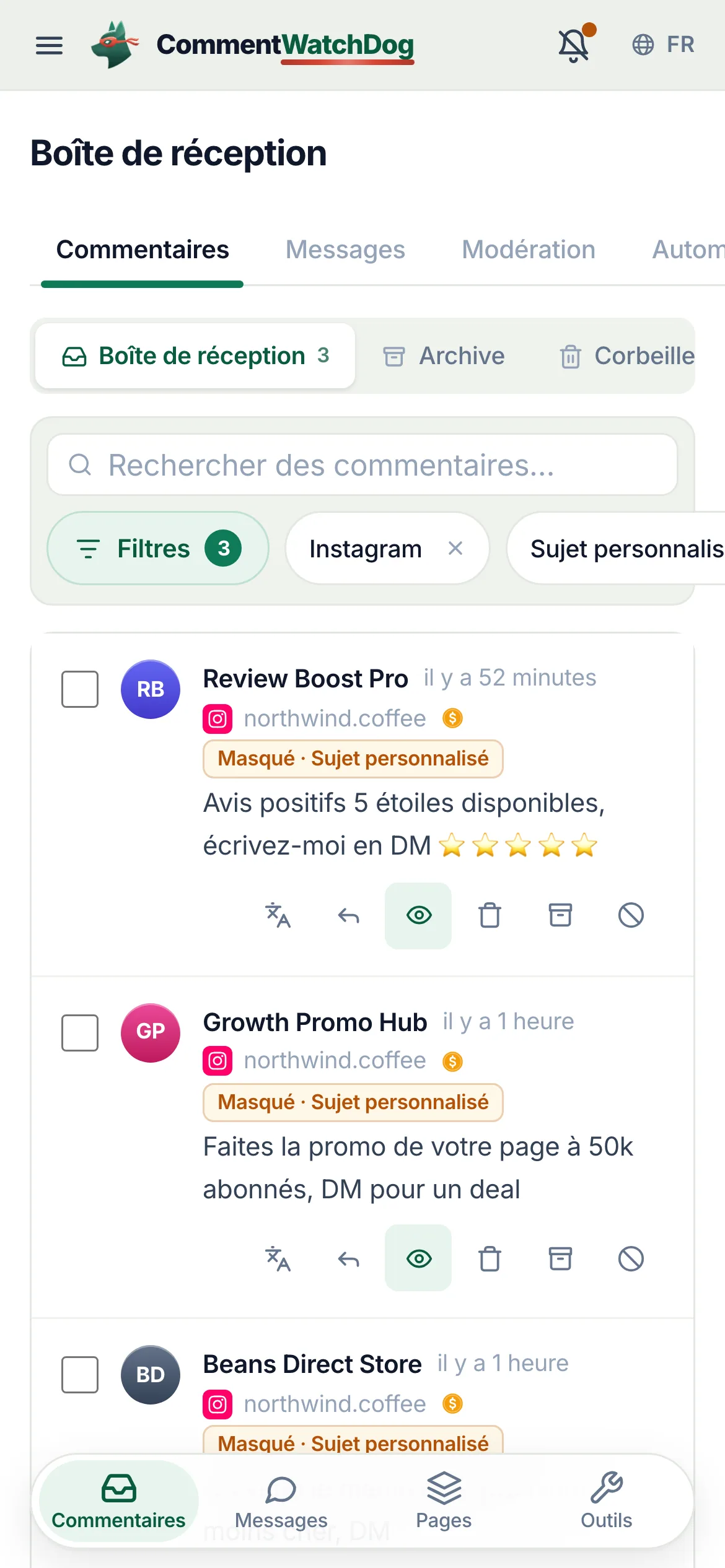La boîte de réception le 17 septembre 2026, filtrée sur un compte Instagram et les commentaires masqués : trois boutiques proposant des avis, de la promotion et du café moins cher sous une publicité, formes cinq et six, chacune masquée par la règle Sujets personnalisés, la puce entourée sur la première ligne.