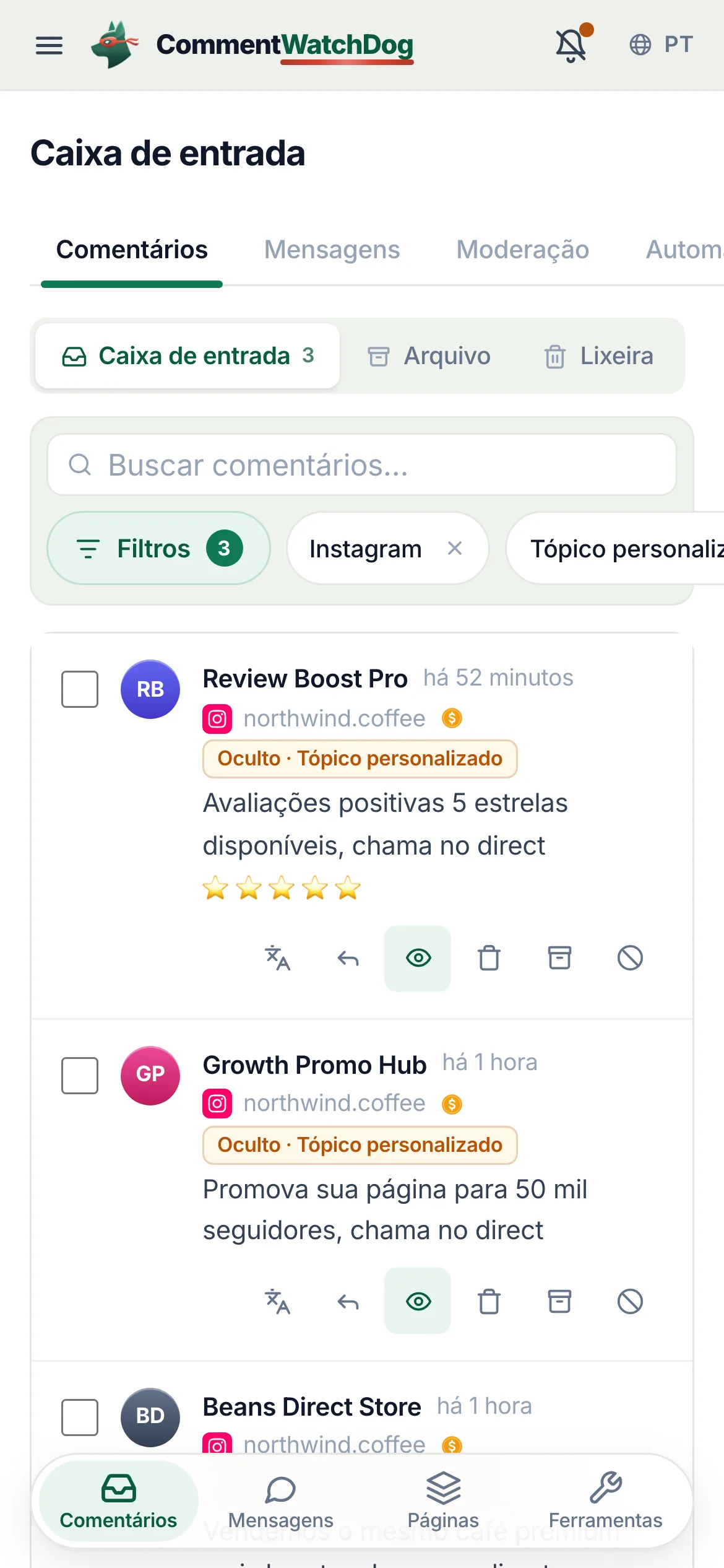 A caixa de entrada em 17 de setembro de 2026, filtrada para uma conta do Instagram e comentários ocultos: três lojas oferecendo avaliações, promoção e café mais barato sob um anúncio, formatos cinco e seis, cada um ocultado pela regra de tópicos personalizados, o selo circulado na primeira linha.