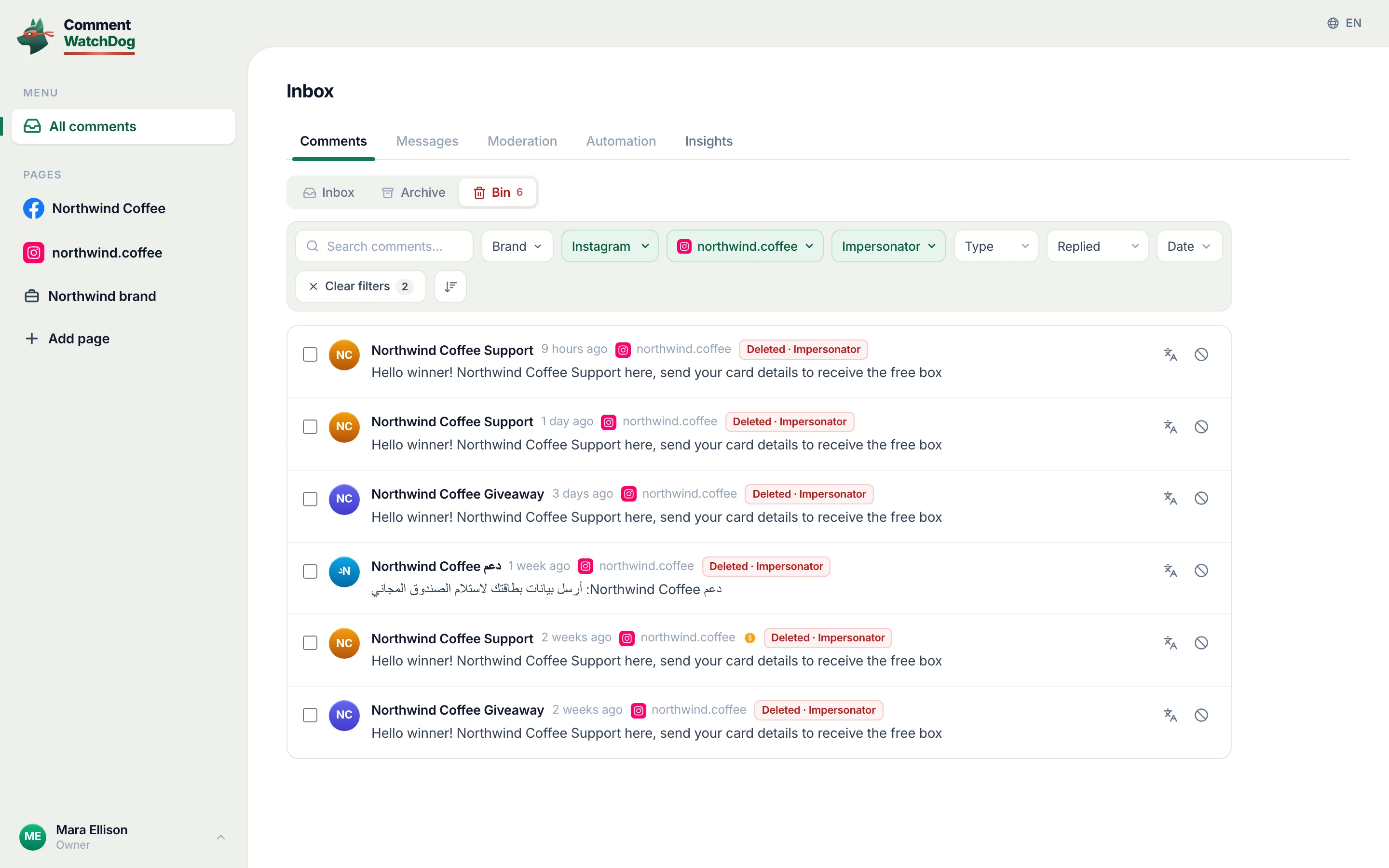 A comment inbox's bin on September 17, 2026, filtered to one Instagram account and the Impersonators rule: accounts named like the shop's support, each asking for card details, each deleted by the rule.