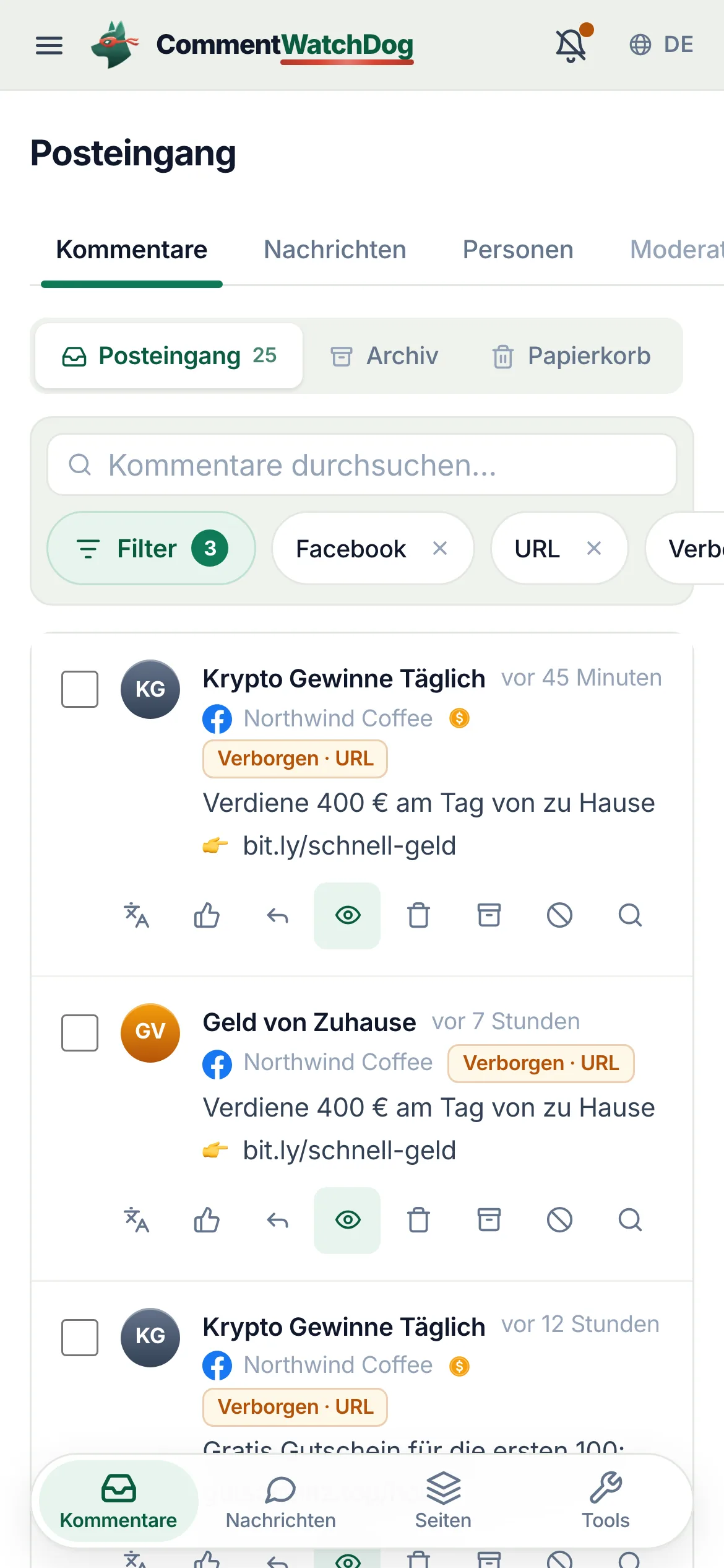 Der Posteingang einer Facebook-Seite, gefiltert nach Kommentaren, die die Regel „URLs“ verborgen hat: Links unter Anzeigen und Beiträgen, jeder mit den Chips „Verborgen“ und „URL“.