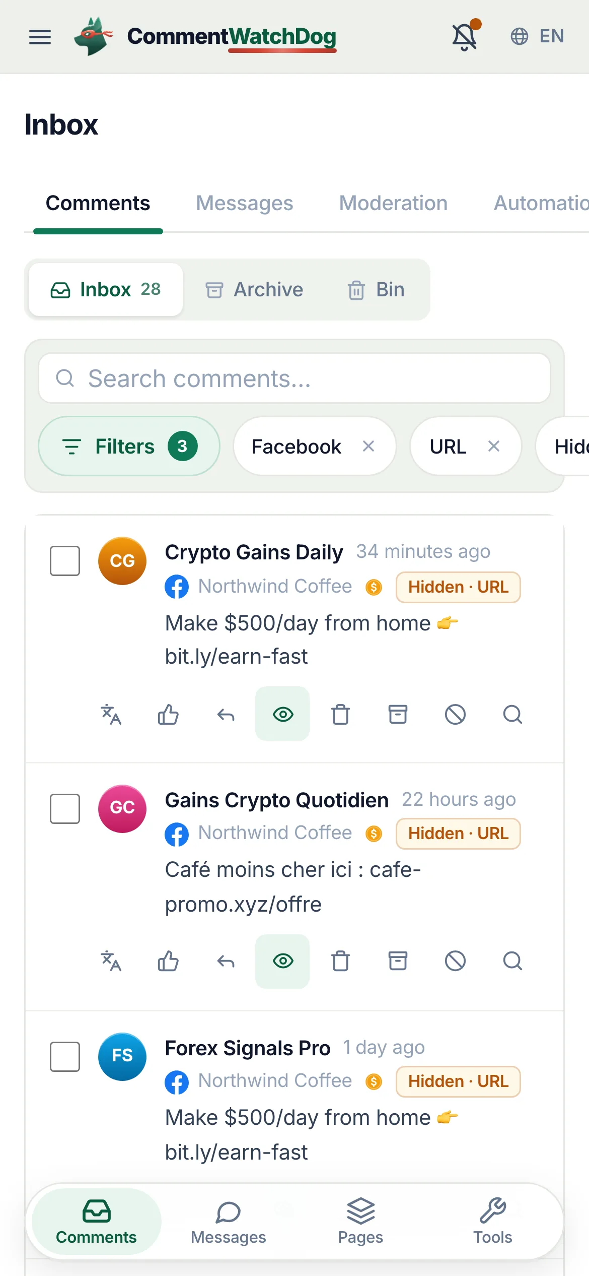 The inbox on September 17, 2026, filtered to one Facebook Page and comments hidden by the URLs rule: earn-money and crypto links under ads and posts, the Hidden and URL chip ringed on the first row.