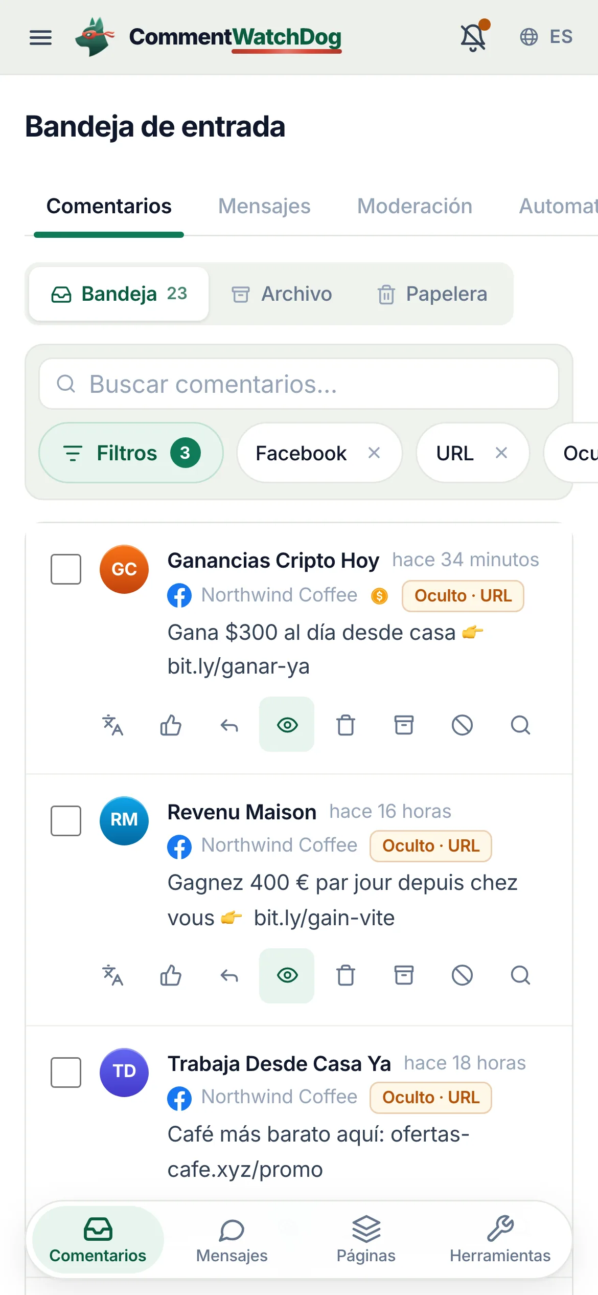 La bandeja el 17 de septiembre de 2026, filtrada a una Página de Facebook y comentarios ocultos por la regla de URLs: enlaces de ganar dinero y criptomonedas bajo anuncios y publicaciones, el chip Oculto y URL anillado en la primera fila.