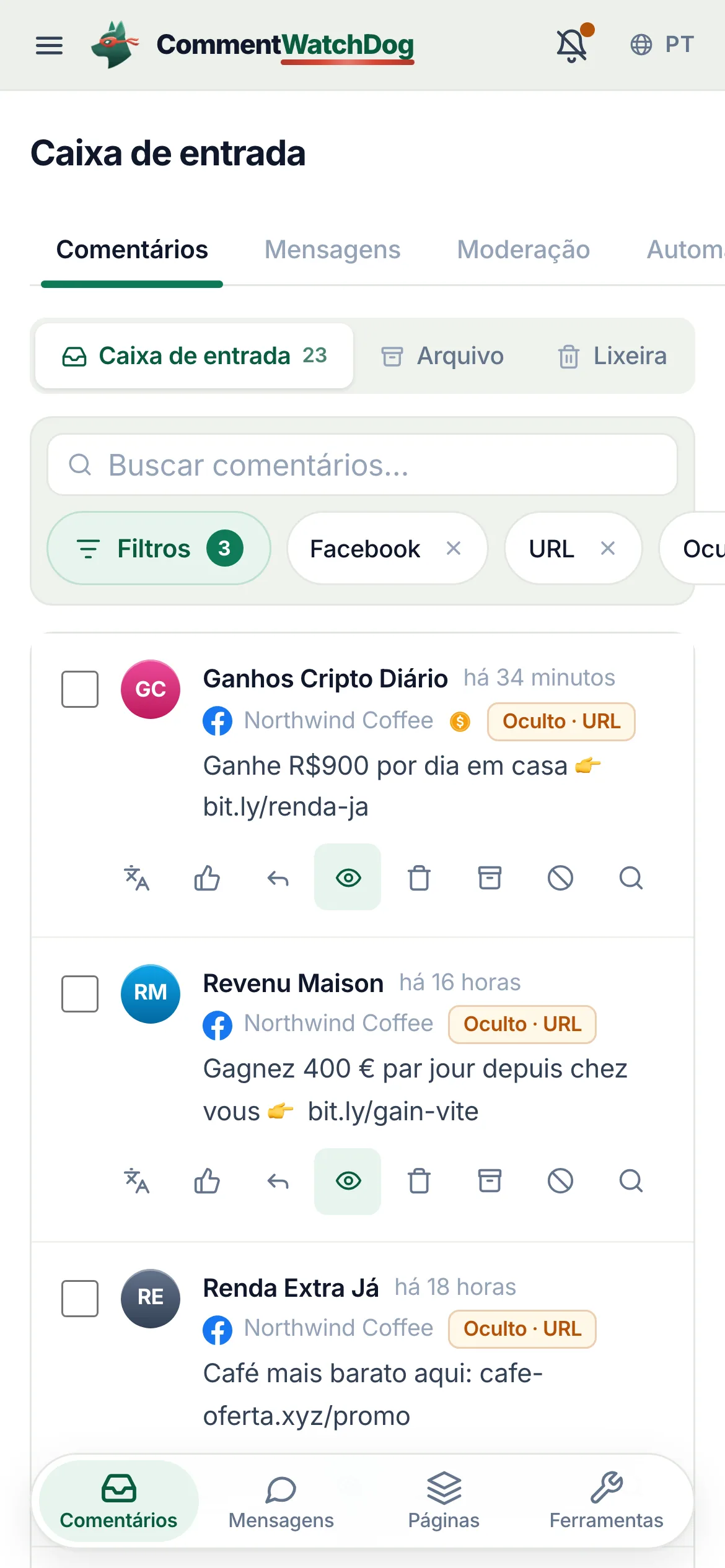 A caixa de entrada em 17 de setembro de 2026, filtrada para uma Página do Facebook e comentários ocultos pela regra de URLs: links de ganhar dinheiro e cripto sob anúncios e publicações, o chip Ocultos e URL aninhado na primeira linha.