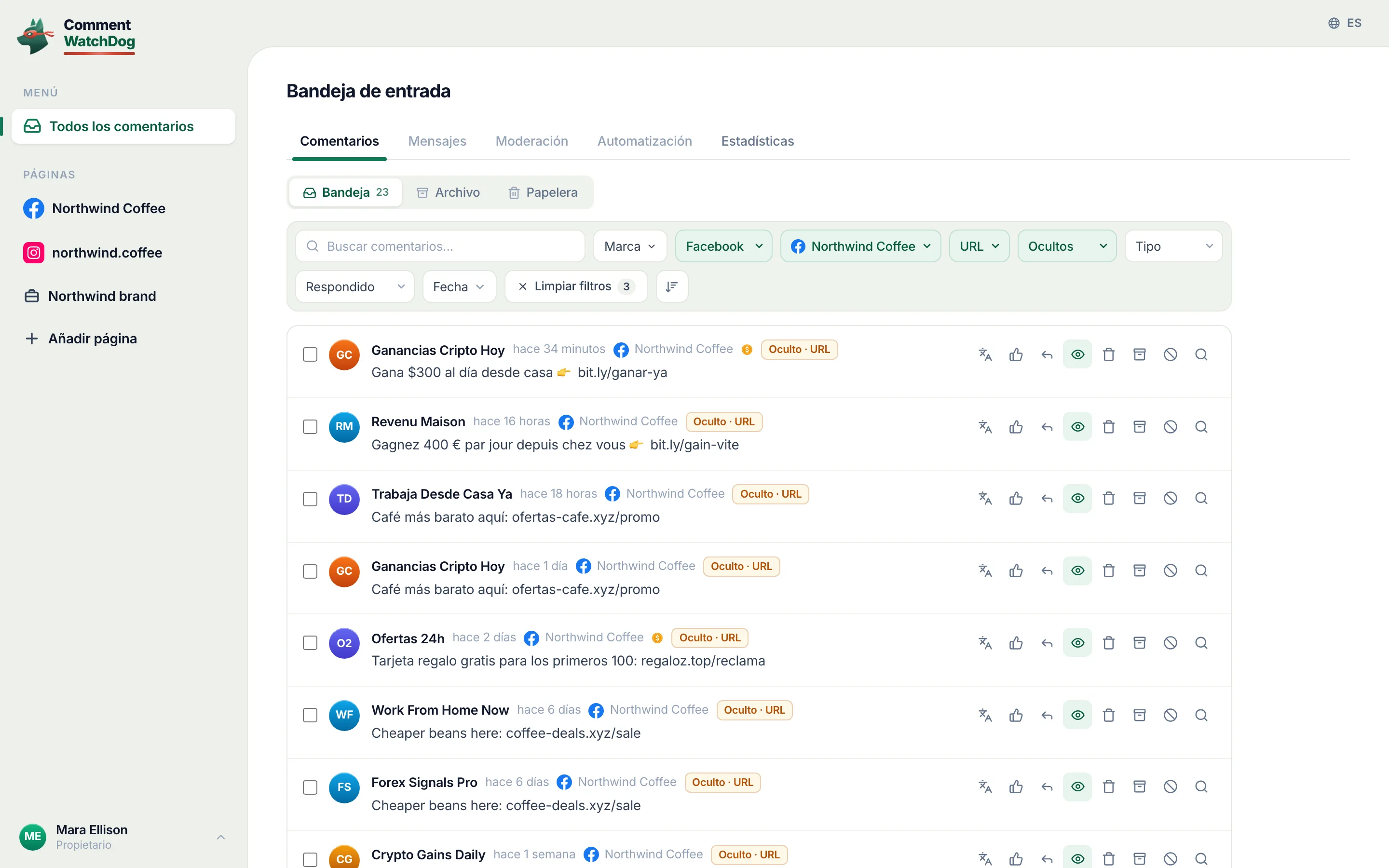 Una bandeja de comentarios el 17 de septiembre de 2026, filtrada a una Página de Facebook y comentarios ocultos por la regla de URLs: enlaces de criptomonedas y ganar dinero bajo anuncios y publicaciones.