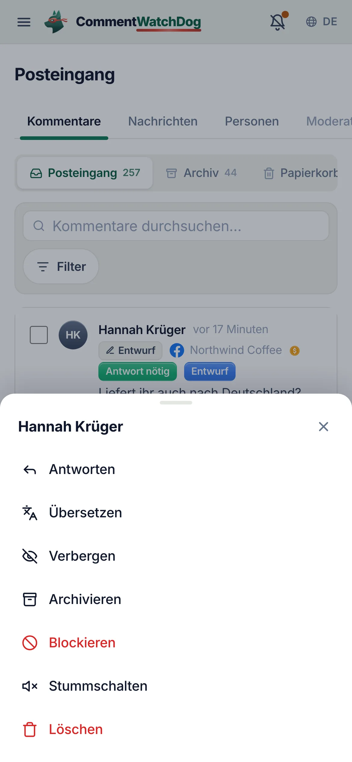 Das Aktions-Panel einer Zeile auf dem Handy: antworten, übersetzen, verbergen, archivieren, blockieren, stummschalten, löschen.