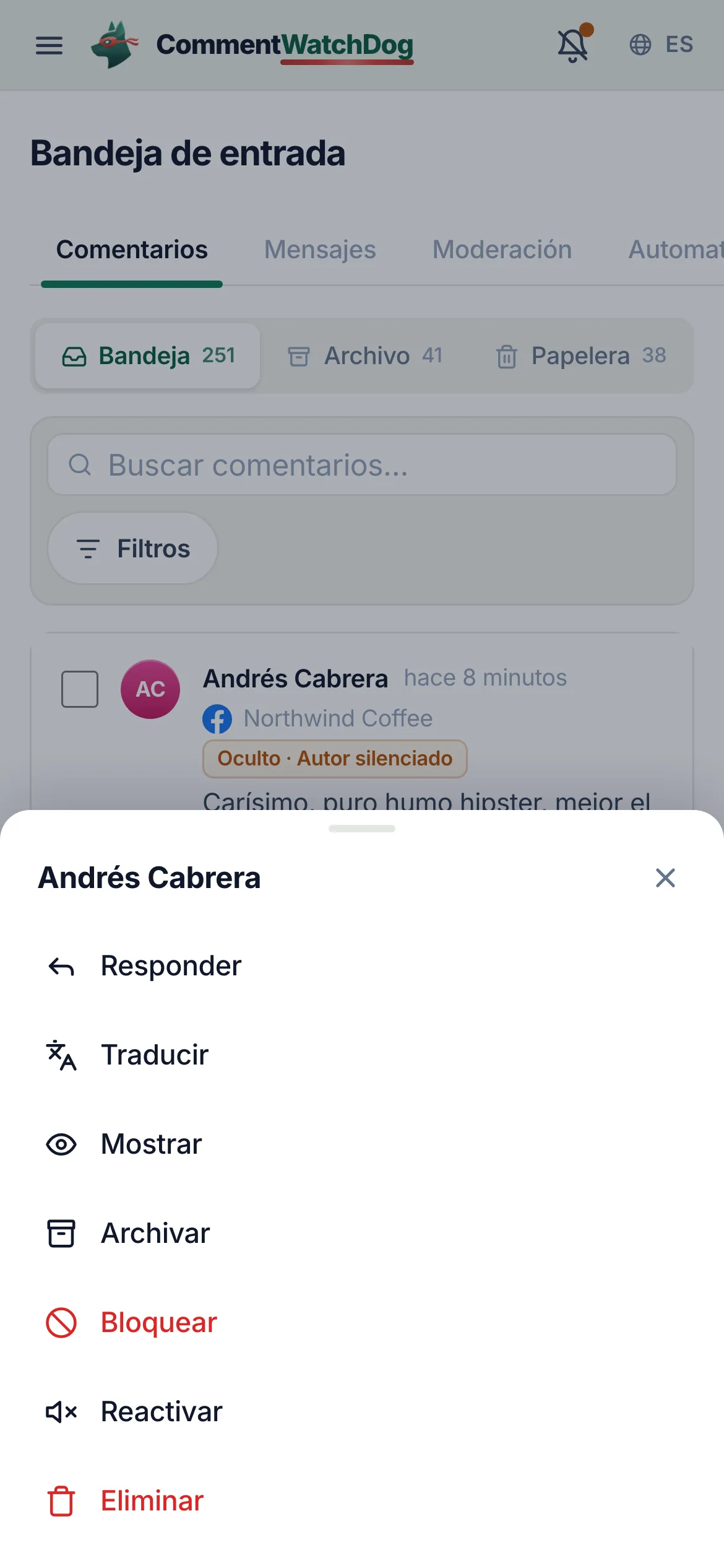 La hoja de acciones de fila en el teléfono: traducir, ocultar, archivar, eliminar.