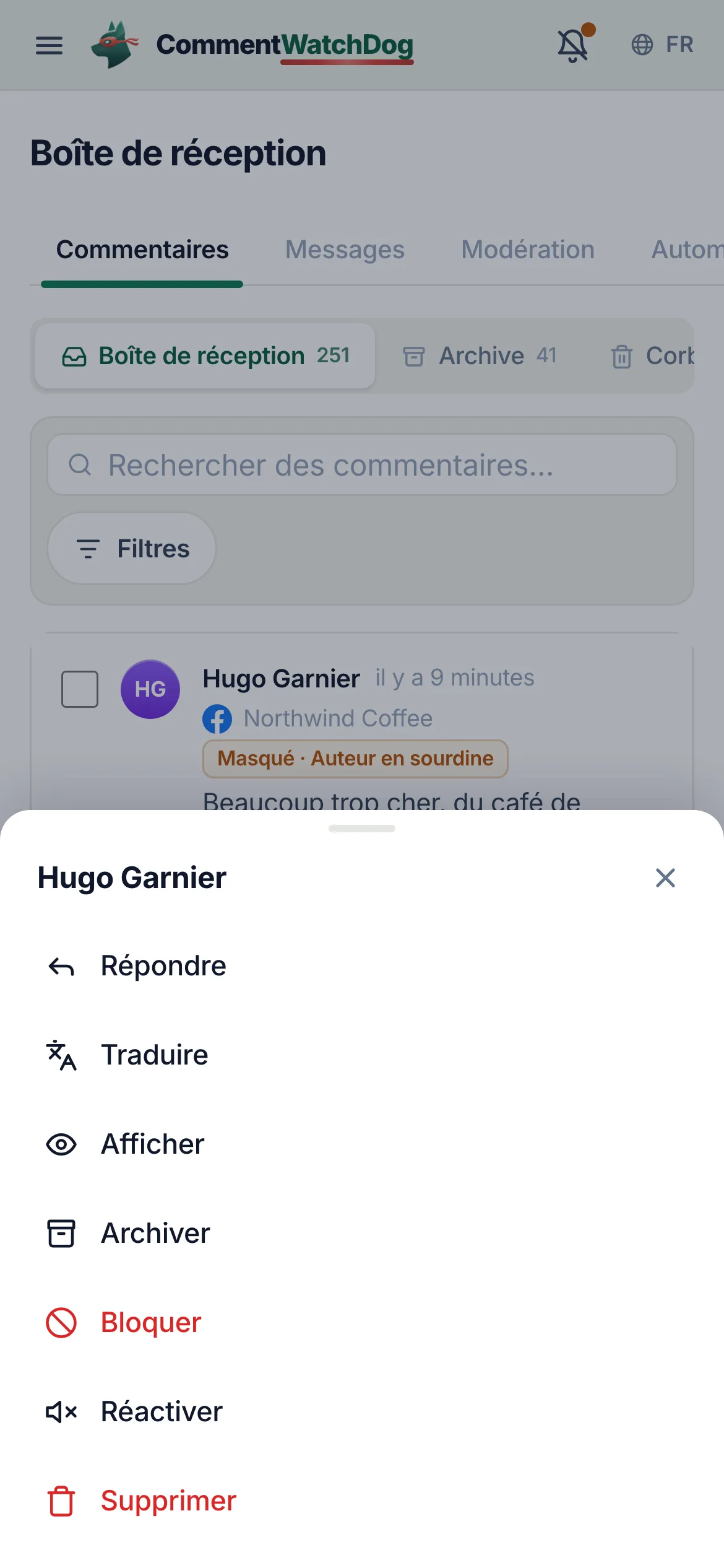 La feuille d’action de ligne sur téléphone : traduire, masquer, archiver, supprimer.