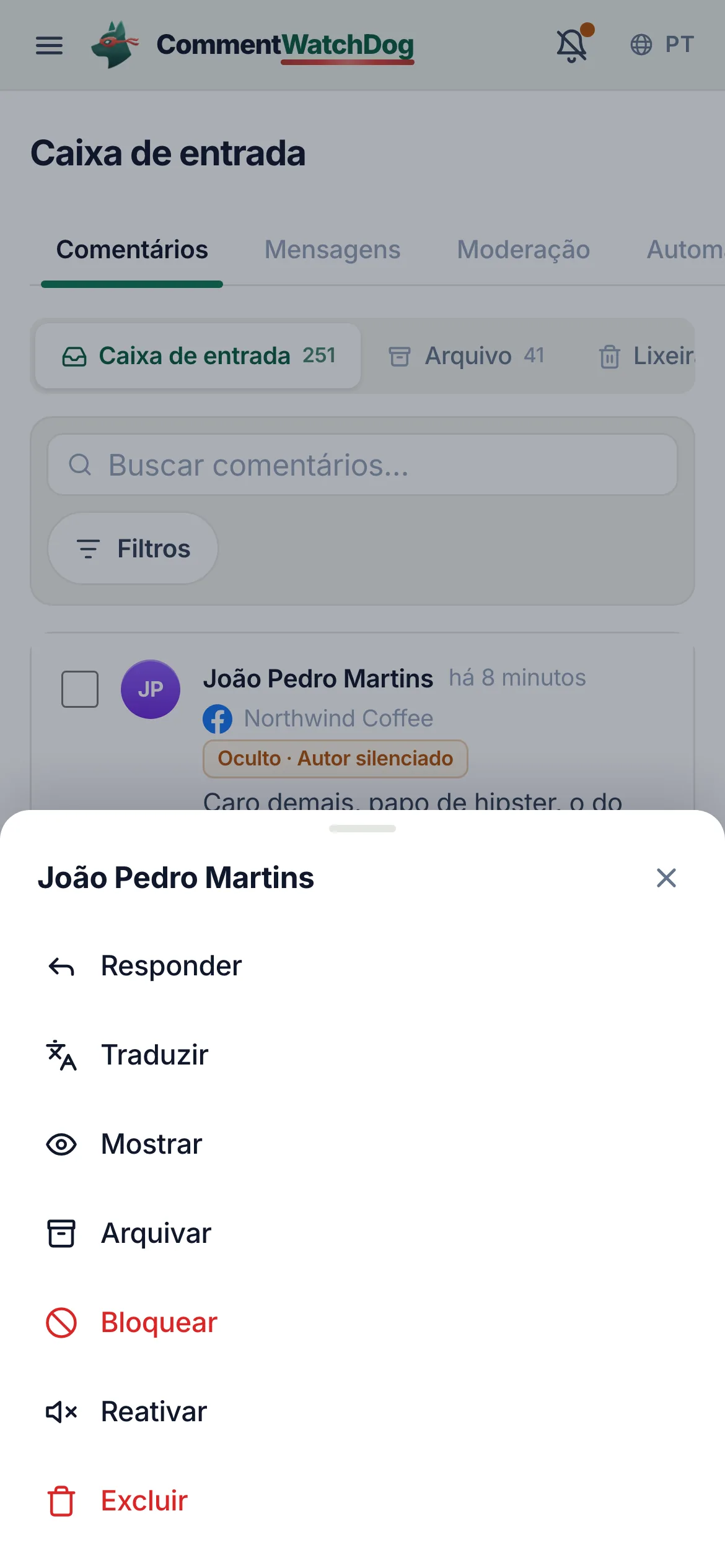 A folha de ações da linha no celular: traduzir, ocultar, arquivar, excluir.