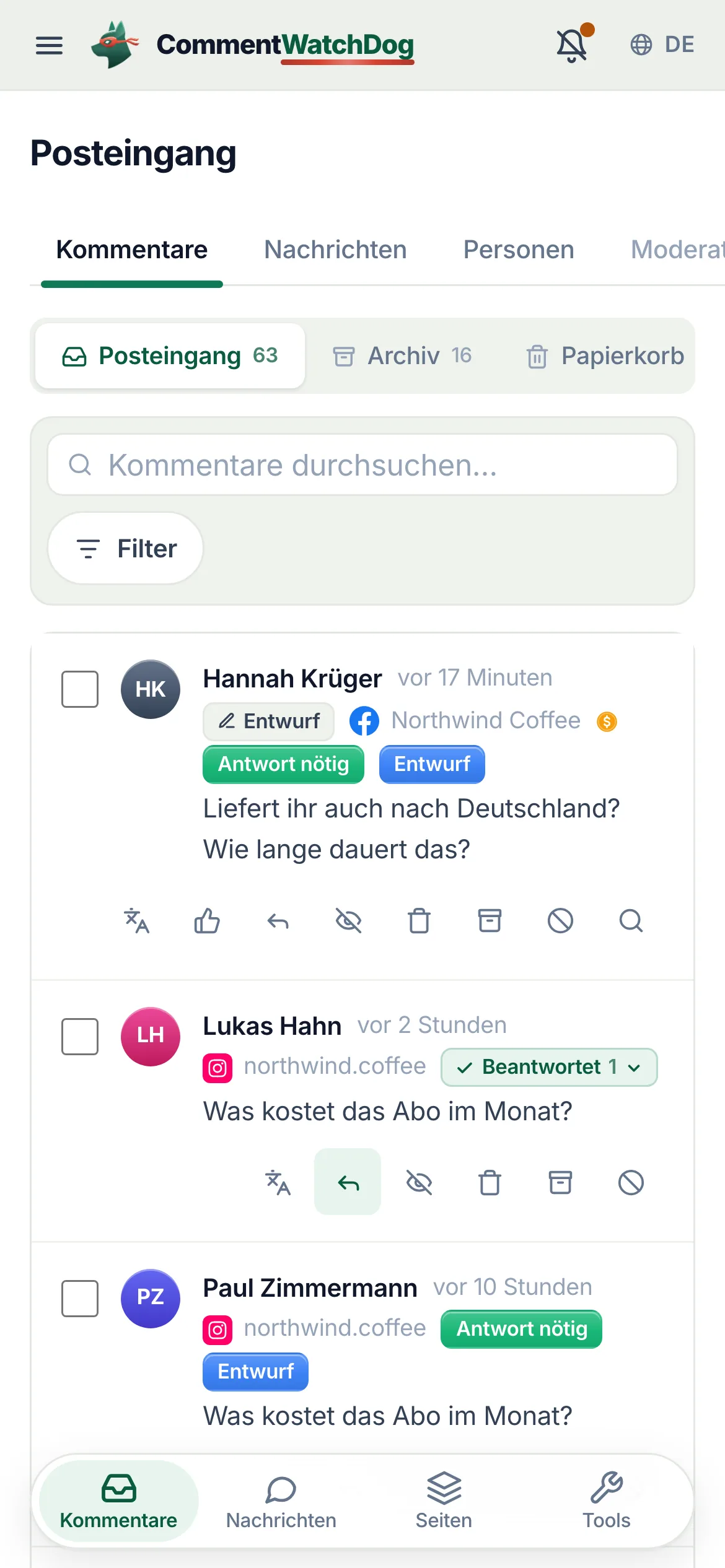 Der Posteingang auf dem Handy, gefiltert auf Kommentare, die eine Antwort brauchen.