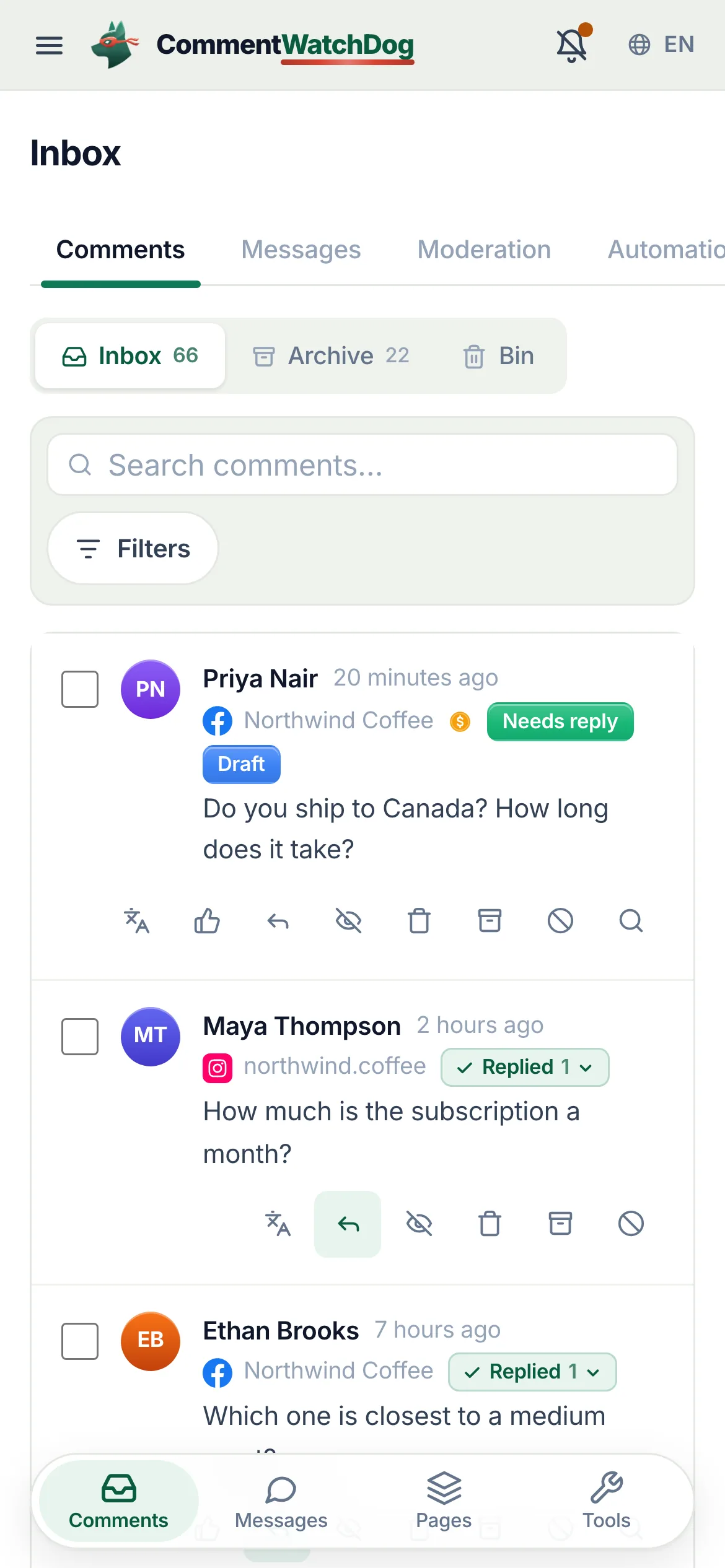 The phone inbox filtered to comments that need a reply.