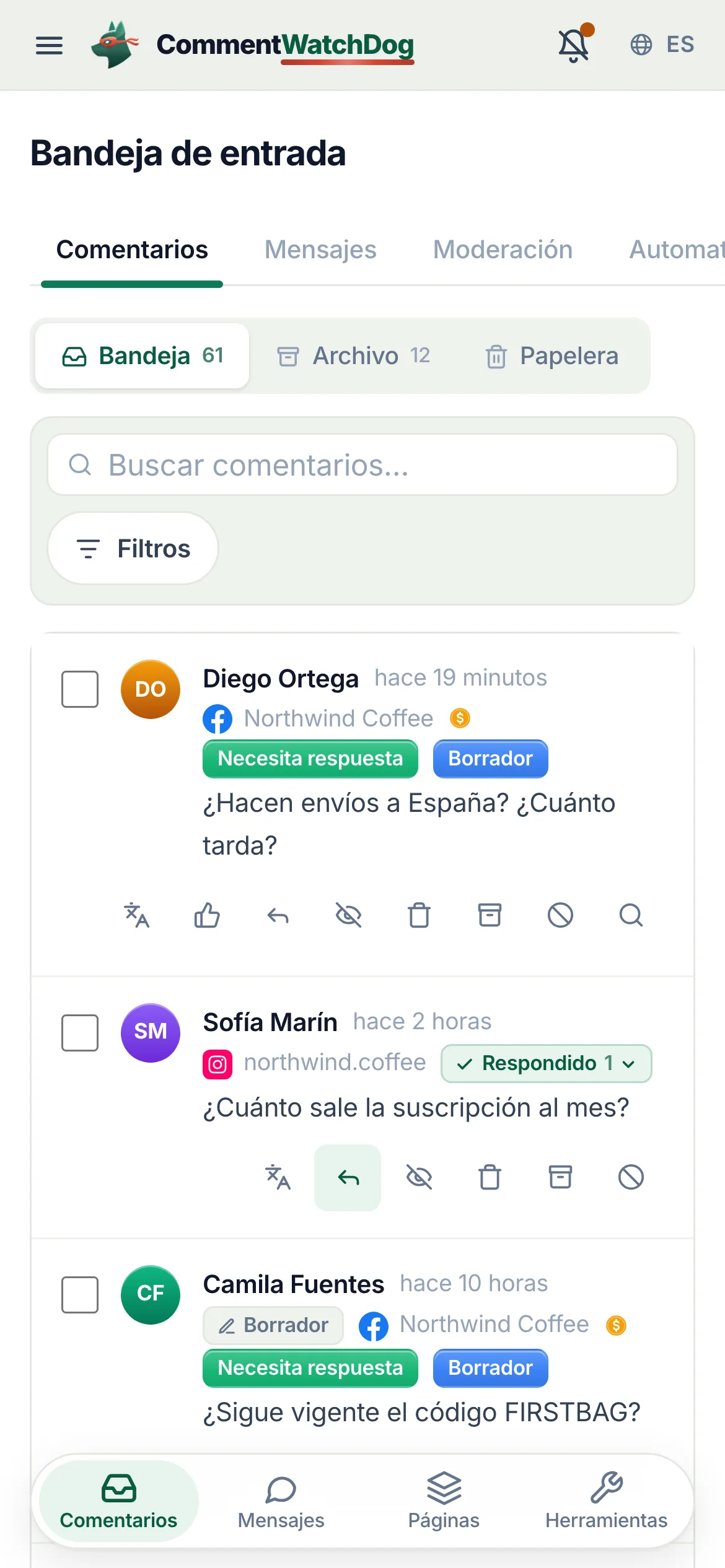 La bandeja del teléfono filtrada por comentarios que necesitan respuesta.