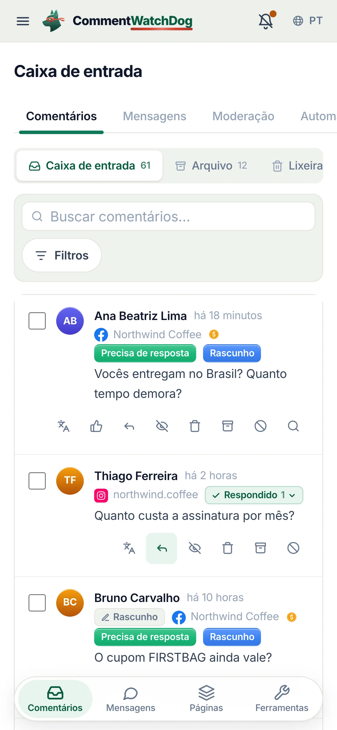 A caixa de entrada no celular filtrada para comentários que precisam de resposta.