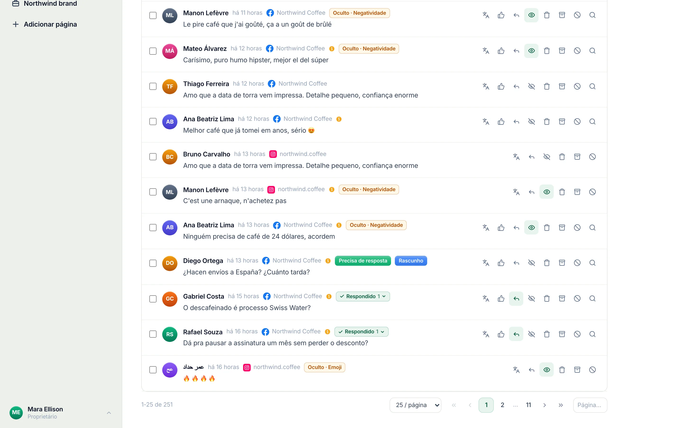 Comentários por página, ao final da lista.