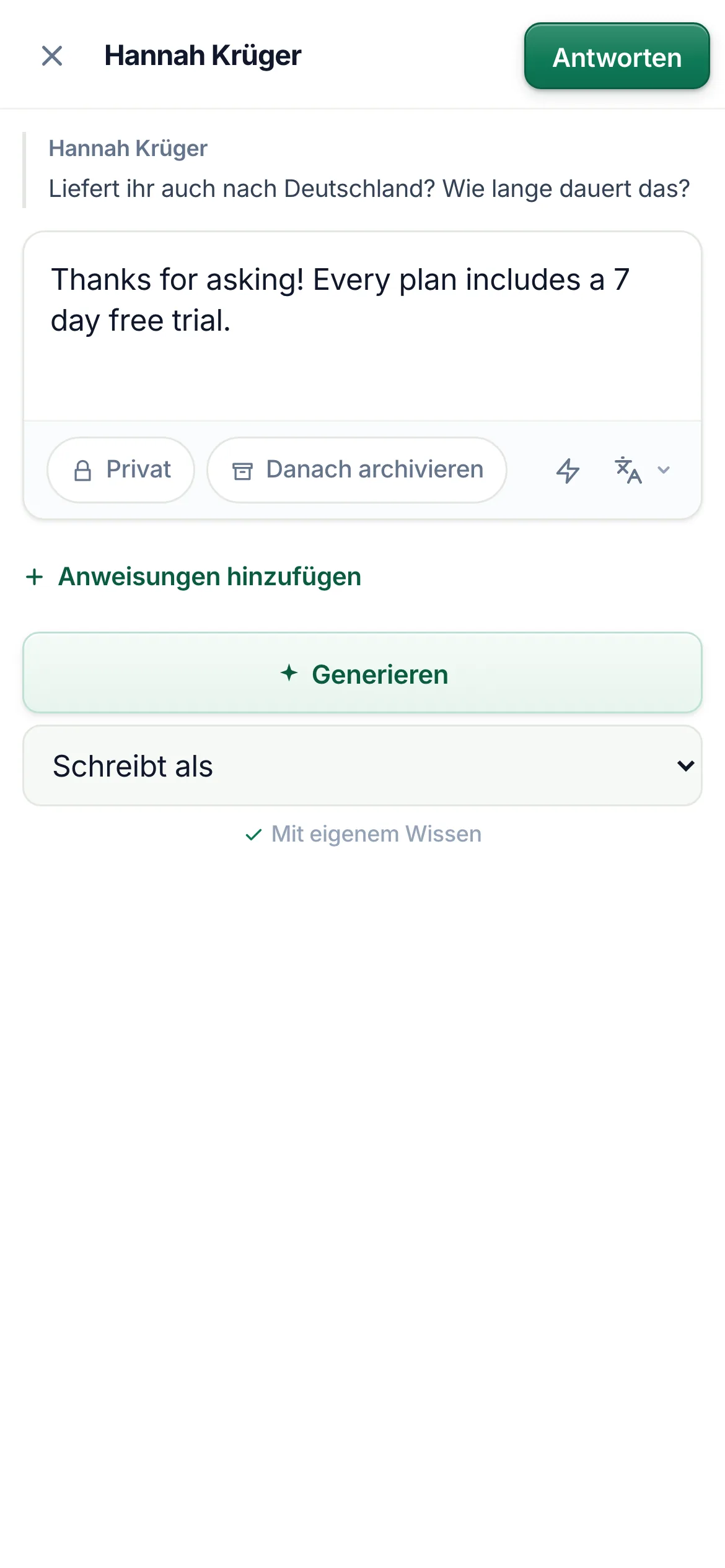 Das Eingabefeld für Antworten auf dem Handy.