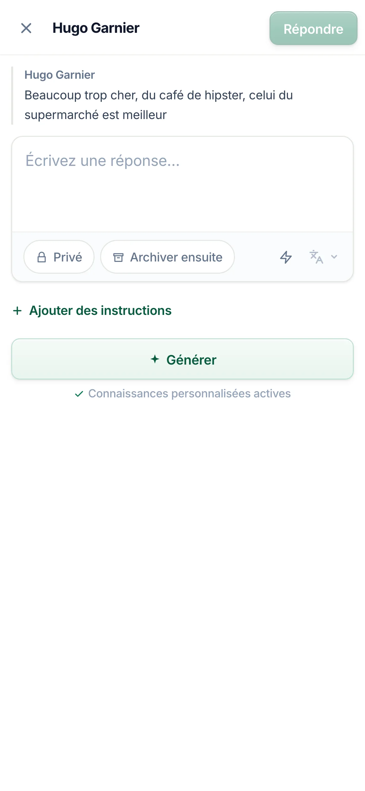 L'éditeur de réponse sur un téléphone.