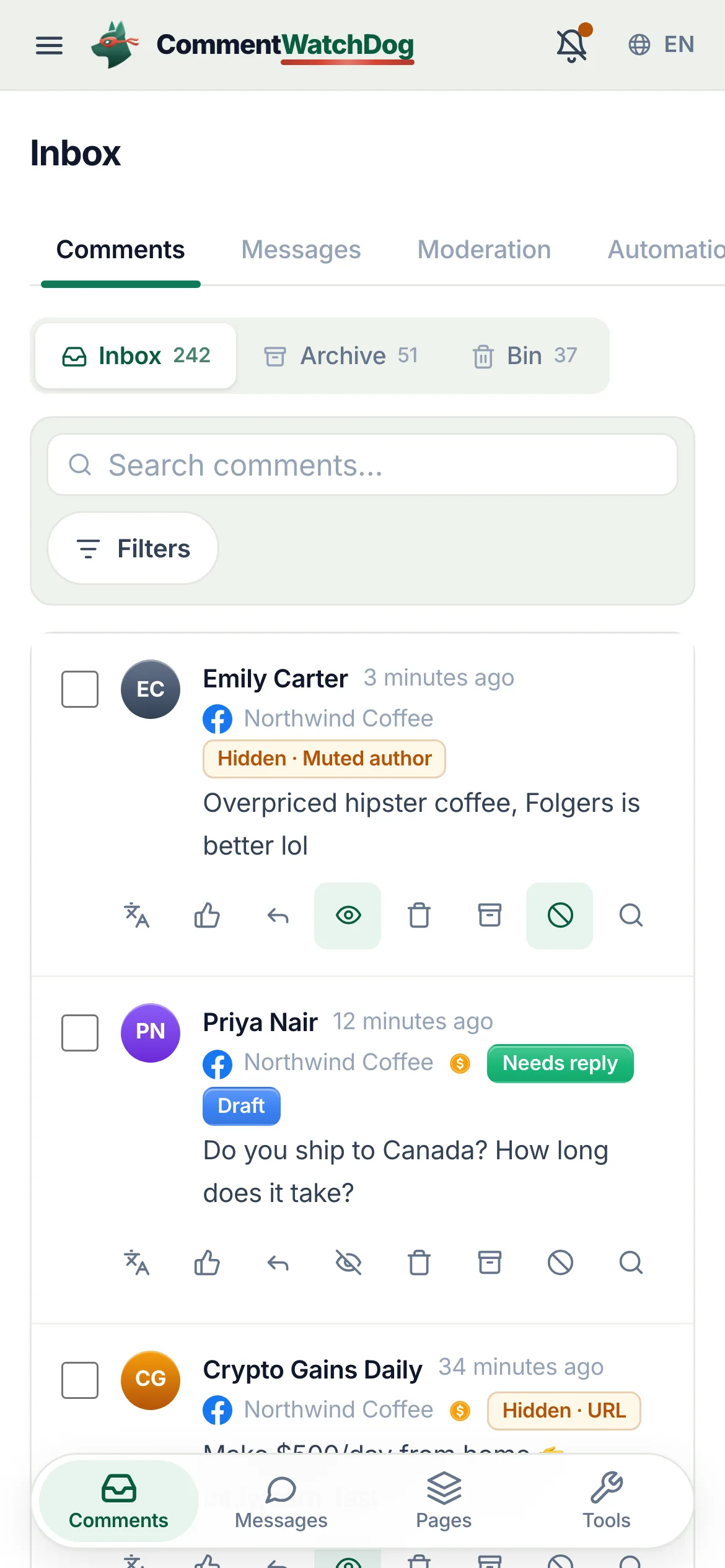 The inbox: comments from a Facebook Page and an Instagram account in one list, each tagged with its page, whether it came through an ad, what the rules did and whether it needs a reply.
