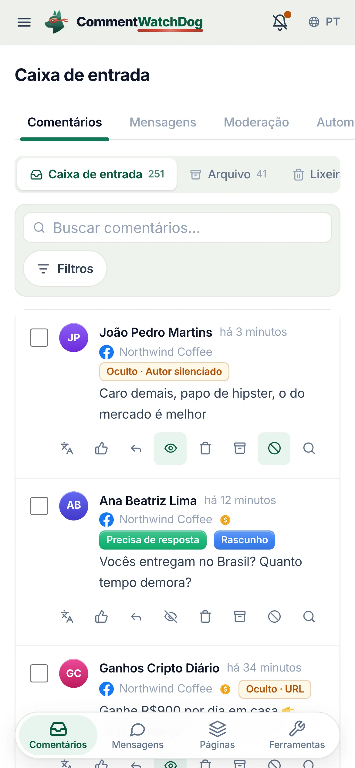 A caixa de entrada no celular: comentários do Facebook e do Instagram juntos, cada um etiquetado pelo que é, com os que precisam de resposta marcados.