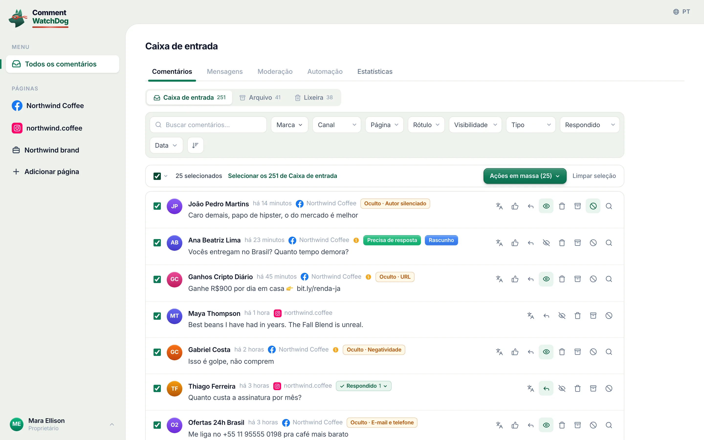 As caixas de seleção da linha e Selecionar tudo nesta página no topo da lista.