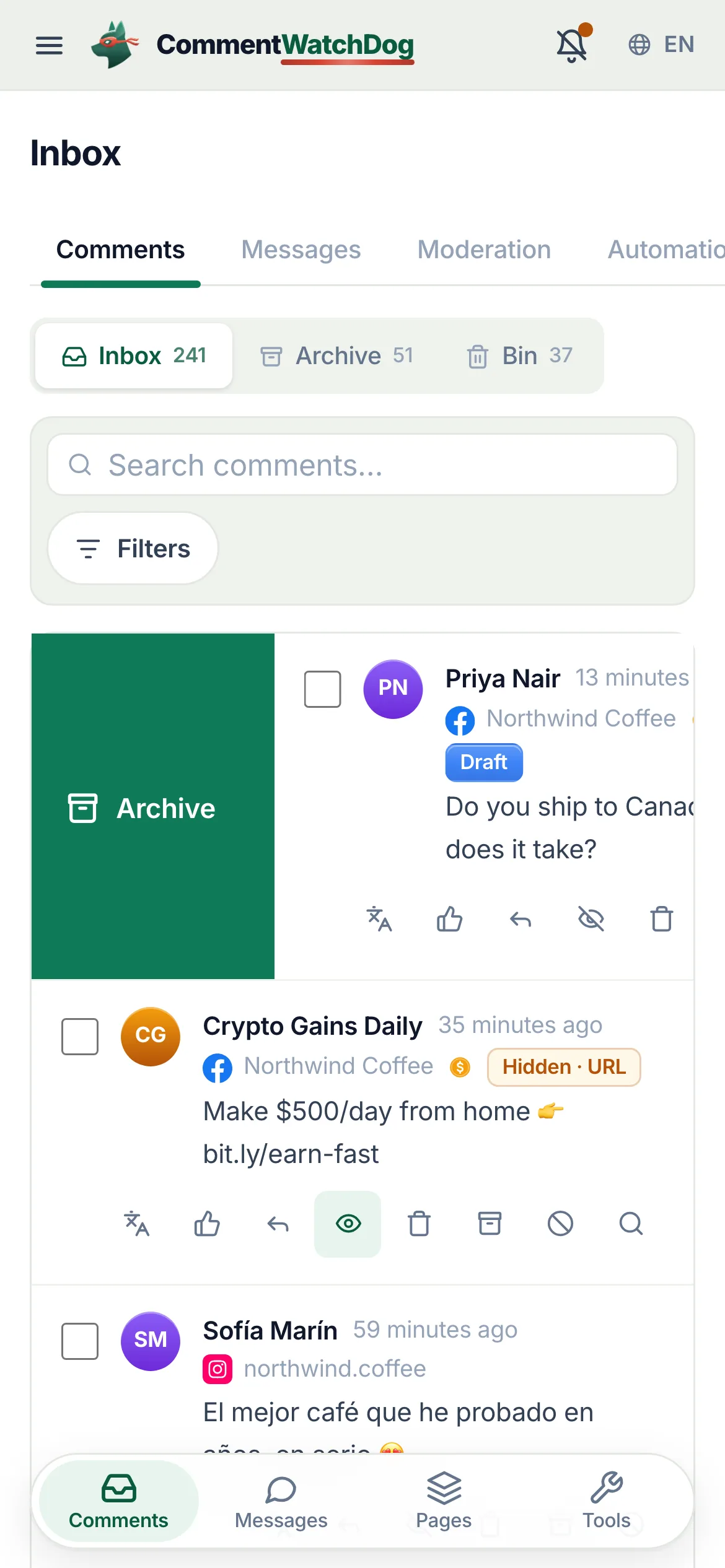 A phone inbox row mid-swipe with the Archive action revealed.