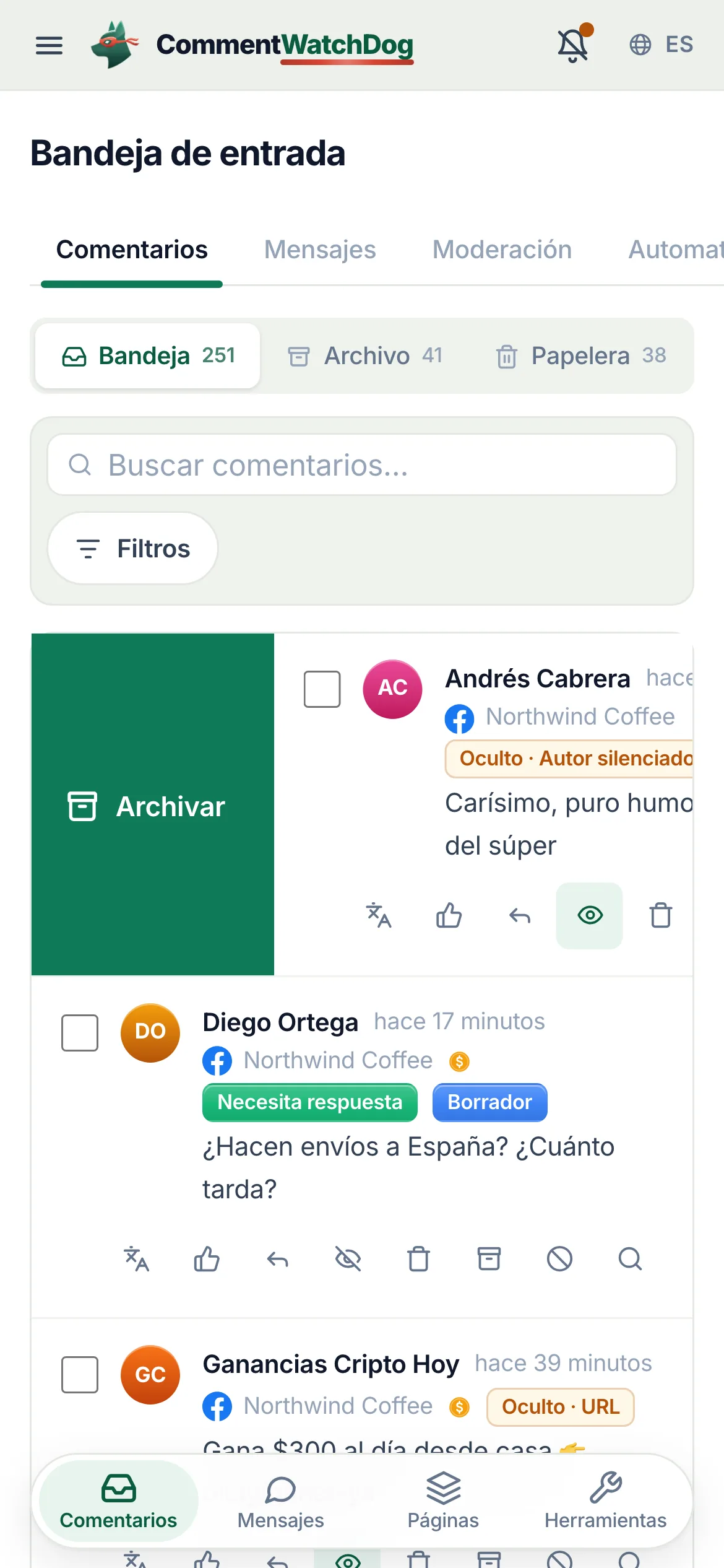 Una fila de la bandeja en el teléfono a medio deslizar con la acción Archivo a la vista.