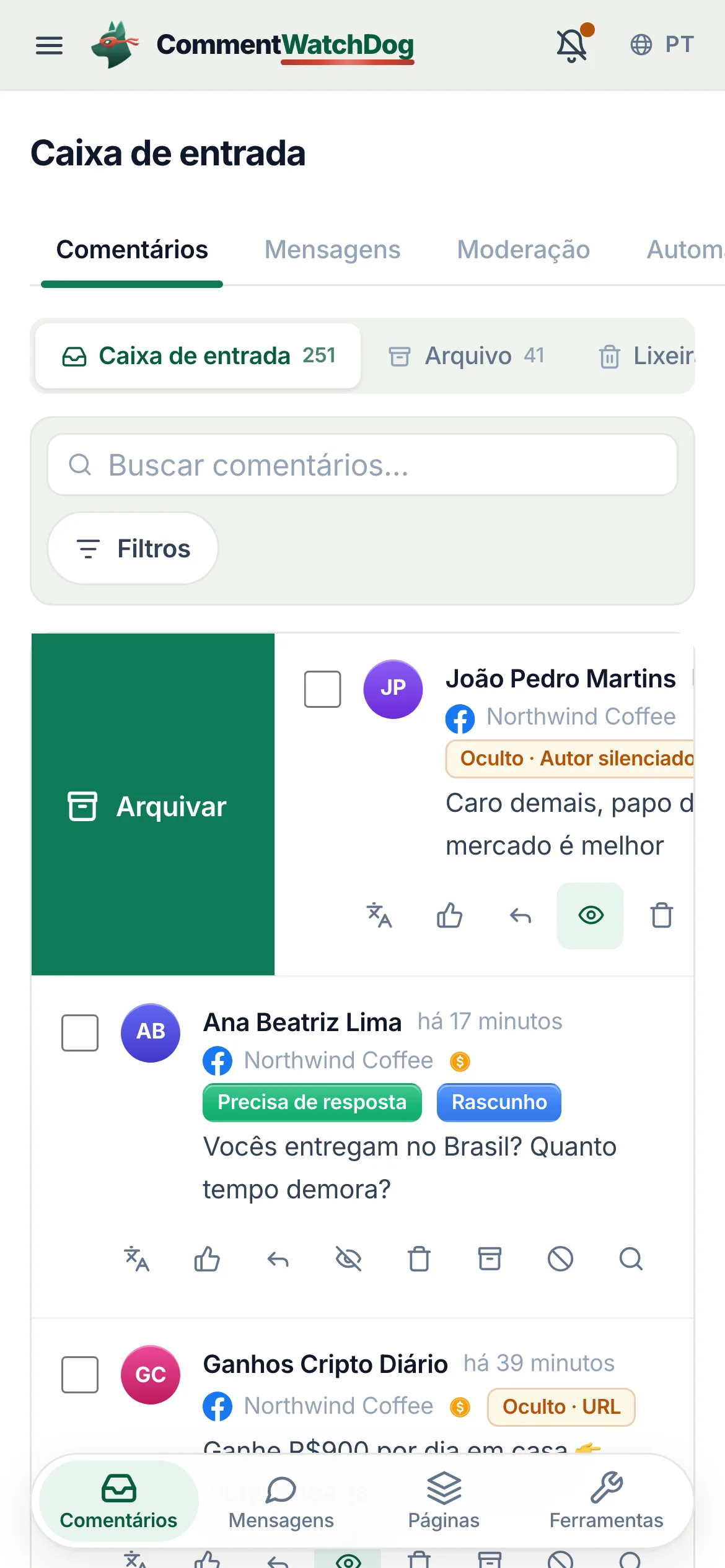 Uma linha da caixa de entrada no celular no meio do deslize com a ação Arquivo revelada.