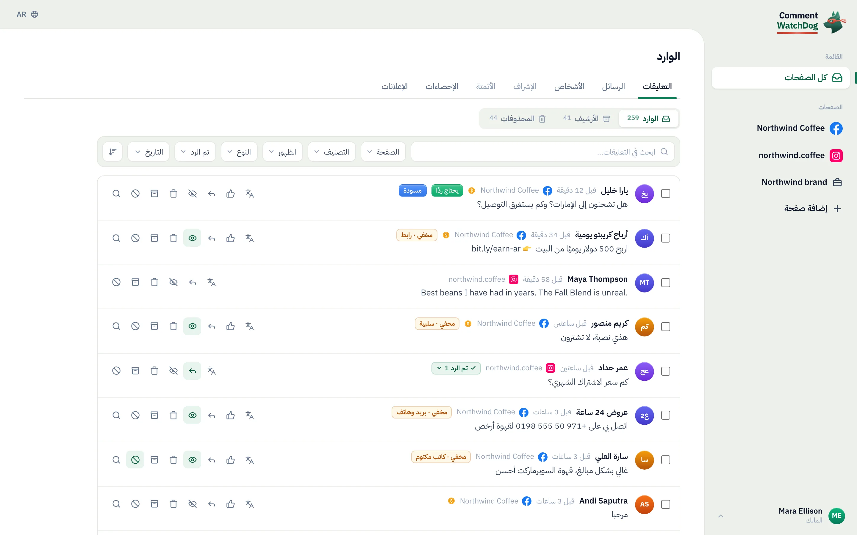 الوارد على الكمبيوتر: تعليقات كل الصفحات في قائمة واحدة، مصنّفة ومفلترة.