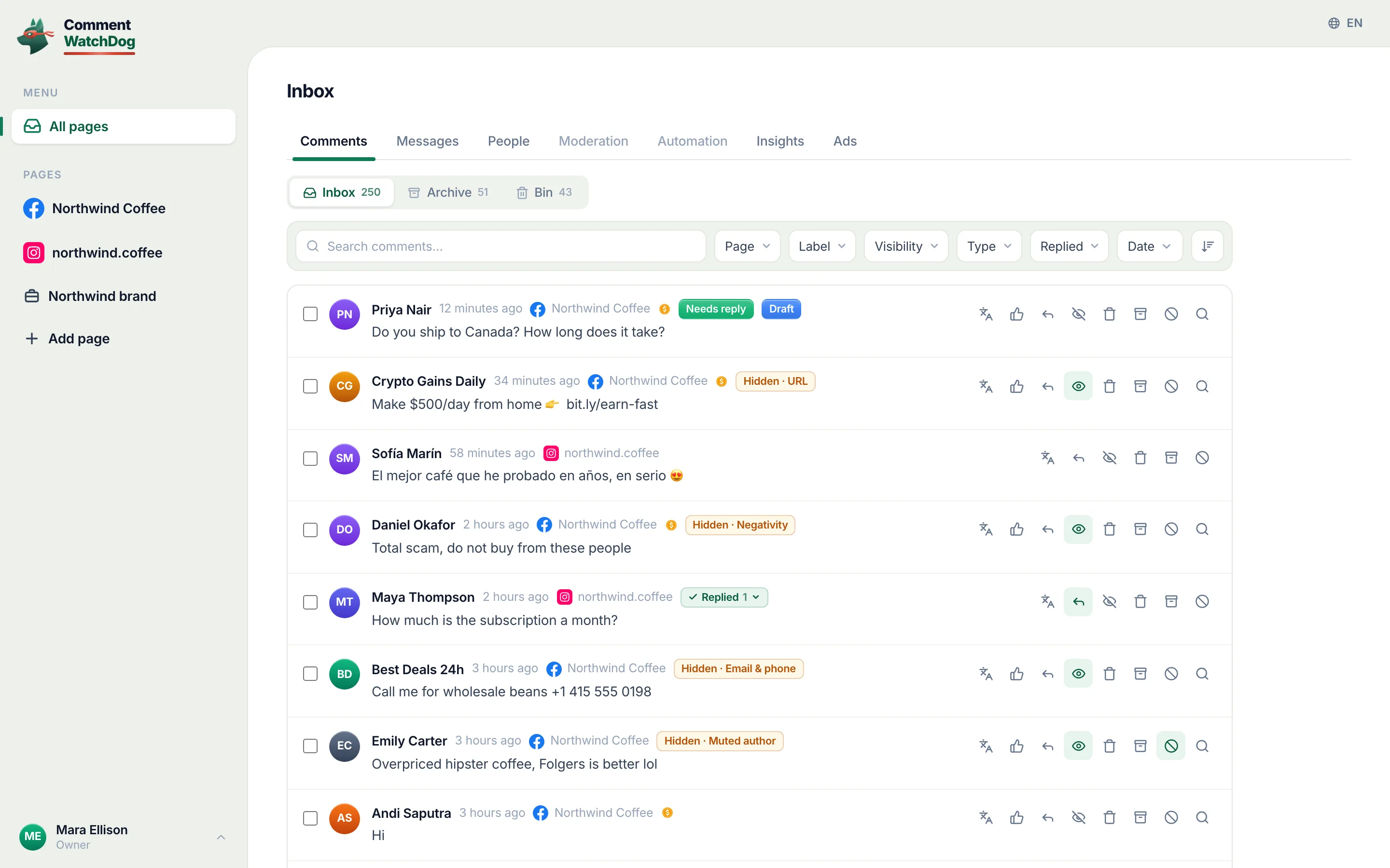 The inbox on a desktop: every page's comments in one list, tagged and filtered.