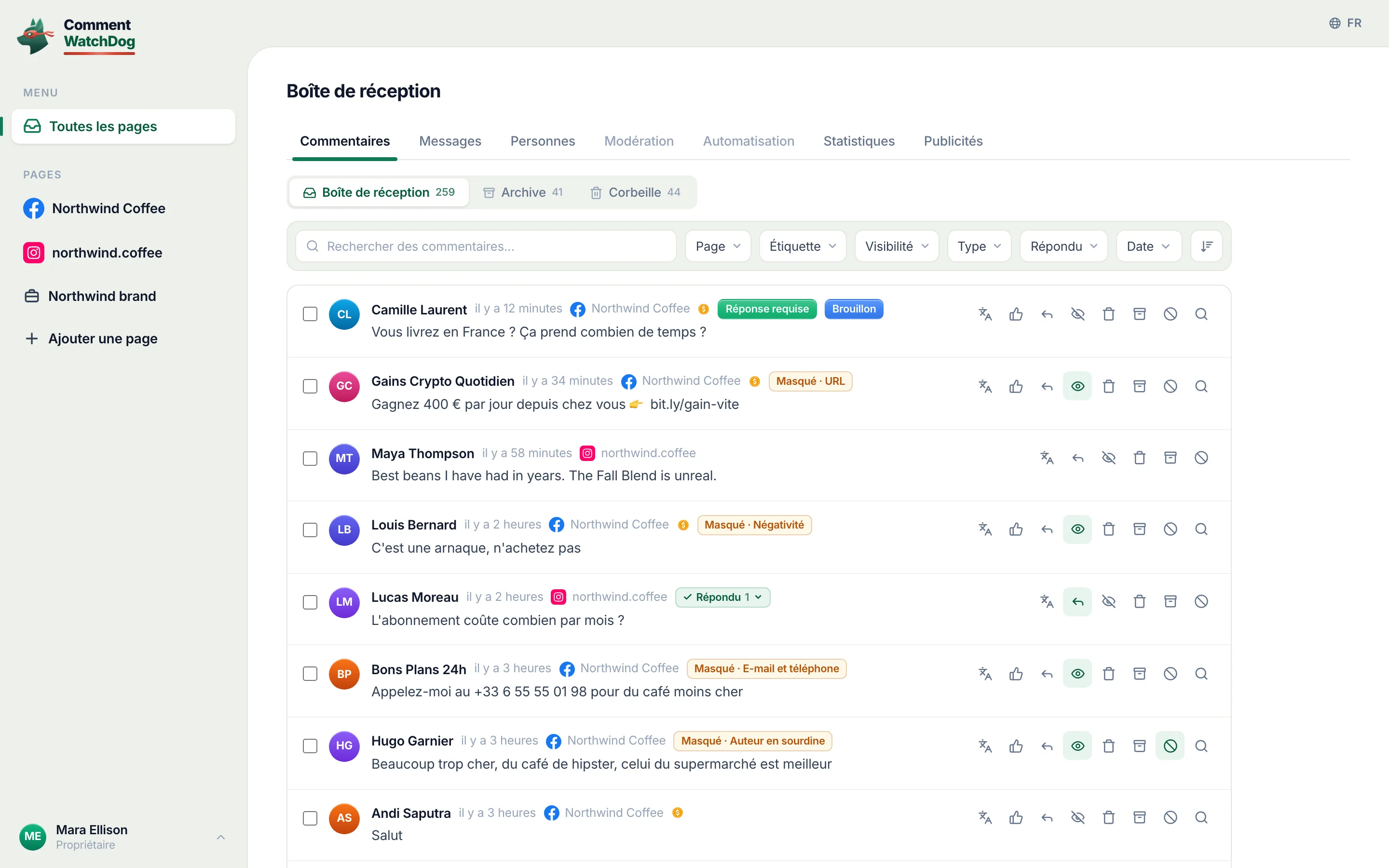 La boîte de réception sur ordinateur : les commentaires de toutes les pages dans une liste, étiquetés et filtrés.