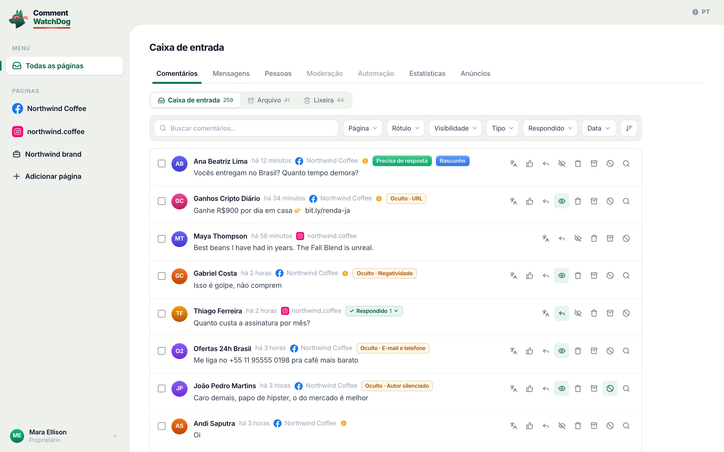 A caixa de entrada no computador: os comentários de todas as páginas em uma lista, etiquetados e filtrados.